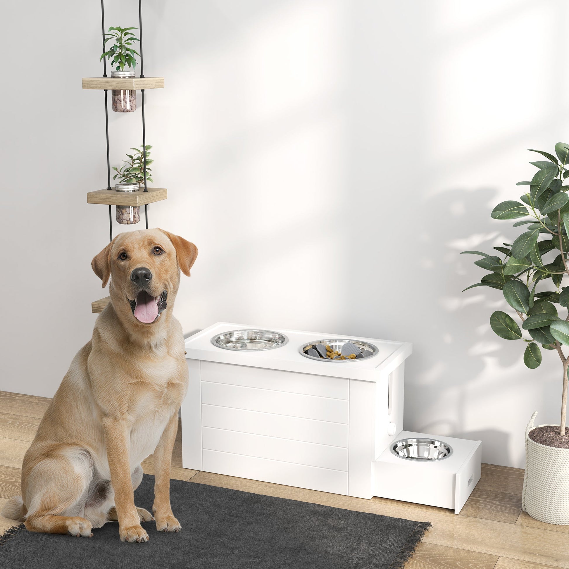 Raised Dog Bowls w/ Slow Feeder Mat, Storage Cabinet, 3 Stainless Steel Bowls, Semi-Auto Dispenser Function, White-1