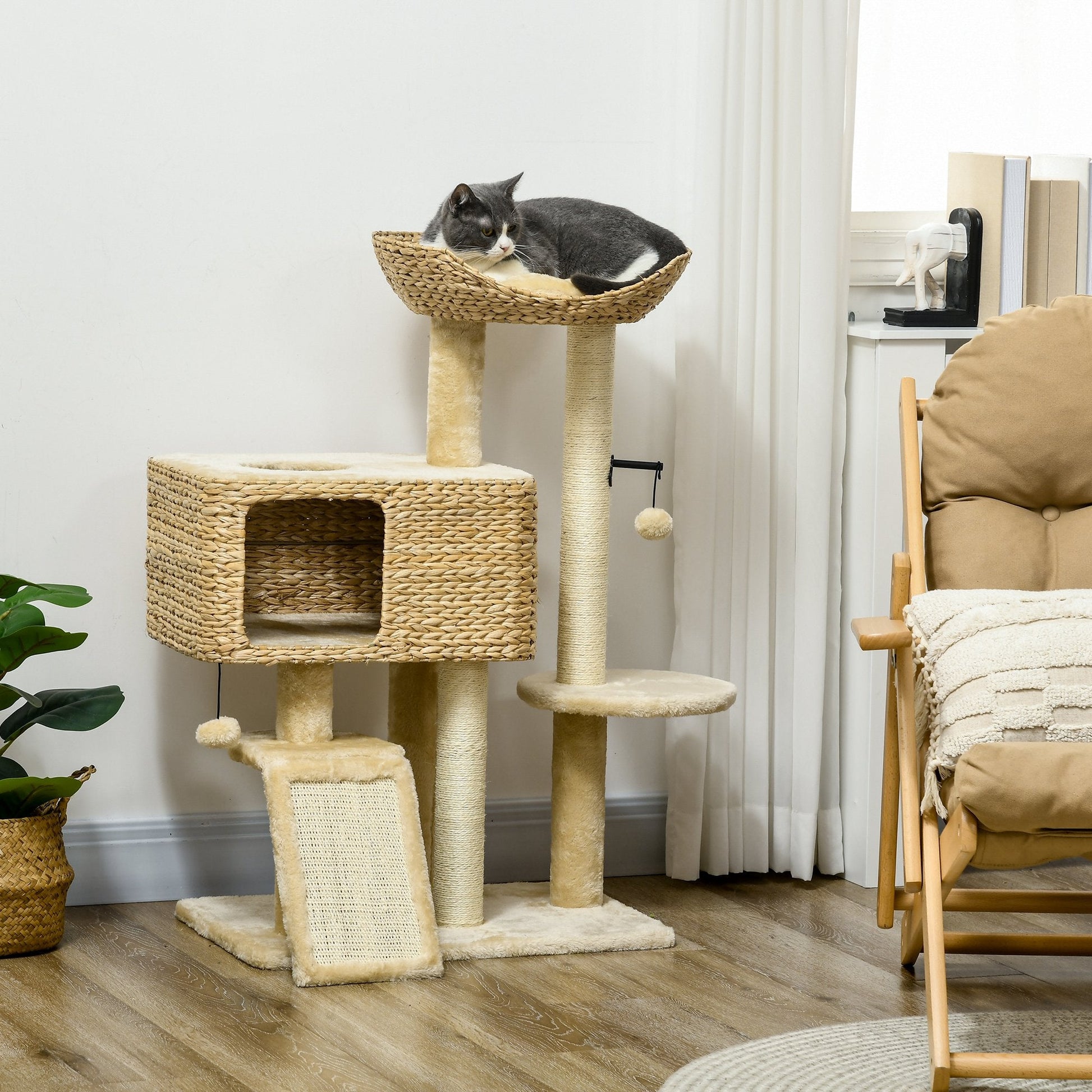 95cm Cat Tree Tower for Indoor Cats, with Scratching Post, Cat House, Toy Ball, Platform - Beige-1