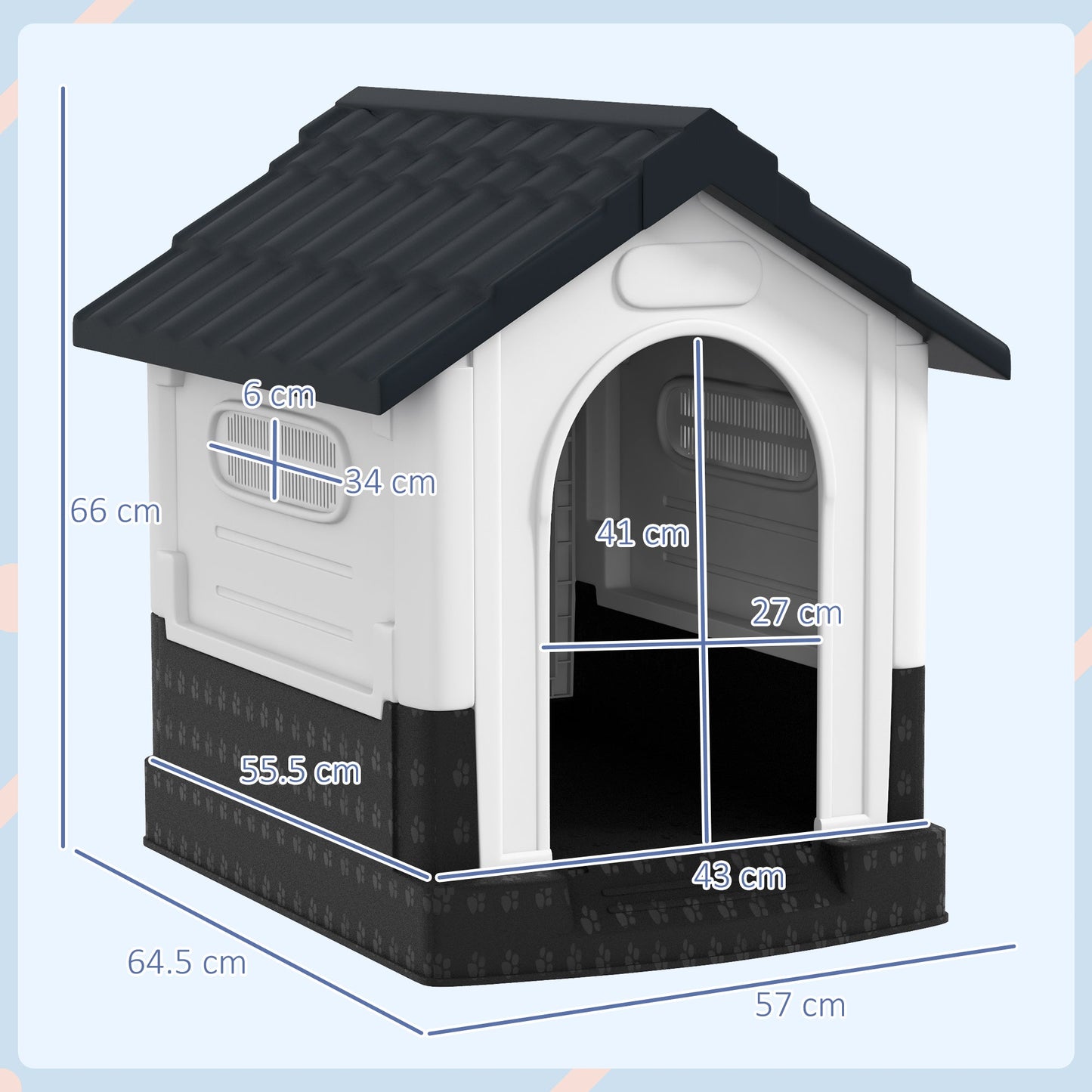 Plastic Dog Kennel with Windows, for Garden Patio, Miniature Dogs, 64.5 x 57 x 66cm - Grey-2