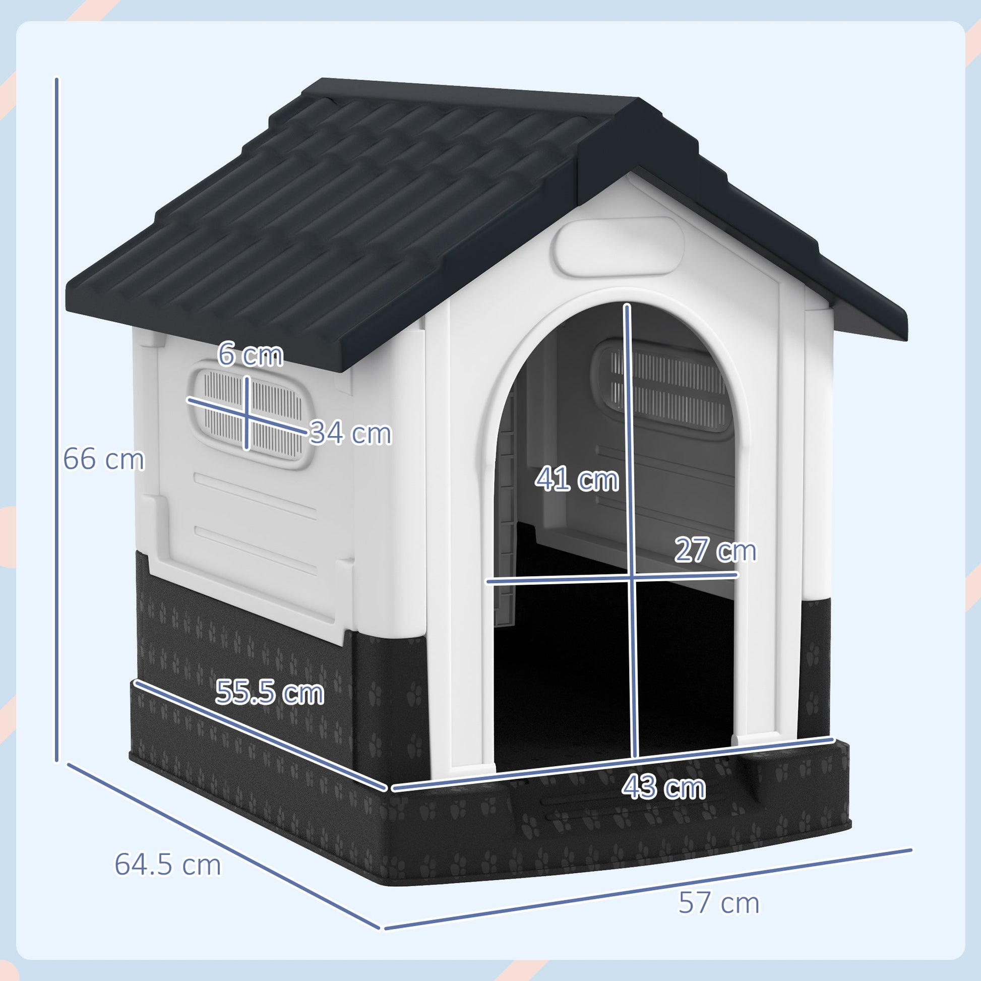 Plastic Dog Kennel with Windows, for Garden Patio, Miniature Dogs, 64.5 x 57 x 66cm - Grey-2