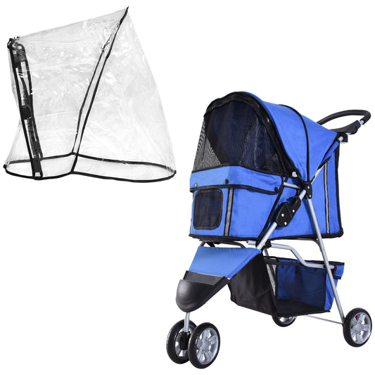 Dog Stroller with Cover for Small Miniature Dogs, Folding Cat Pram Dog Pushchair with Cup Holder, Storage Basket, Reflective Strips, Blue-0