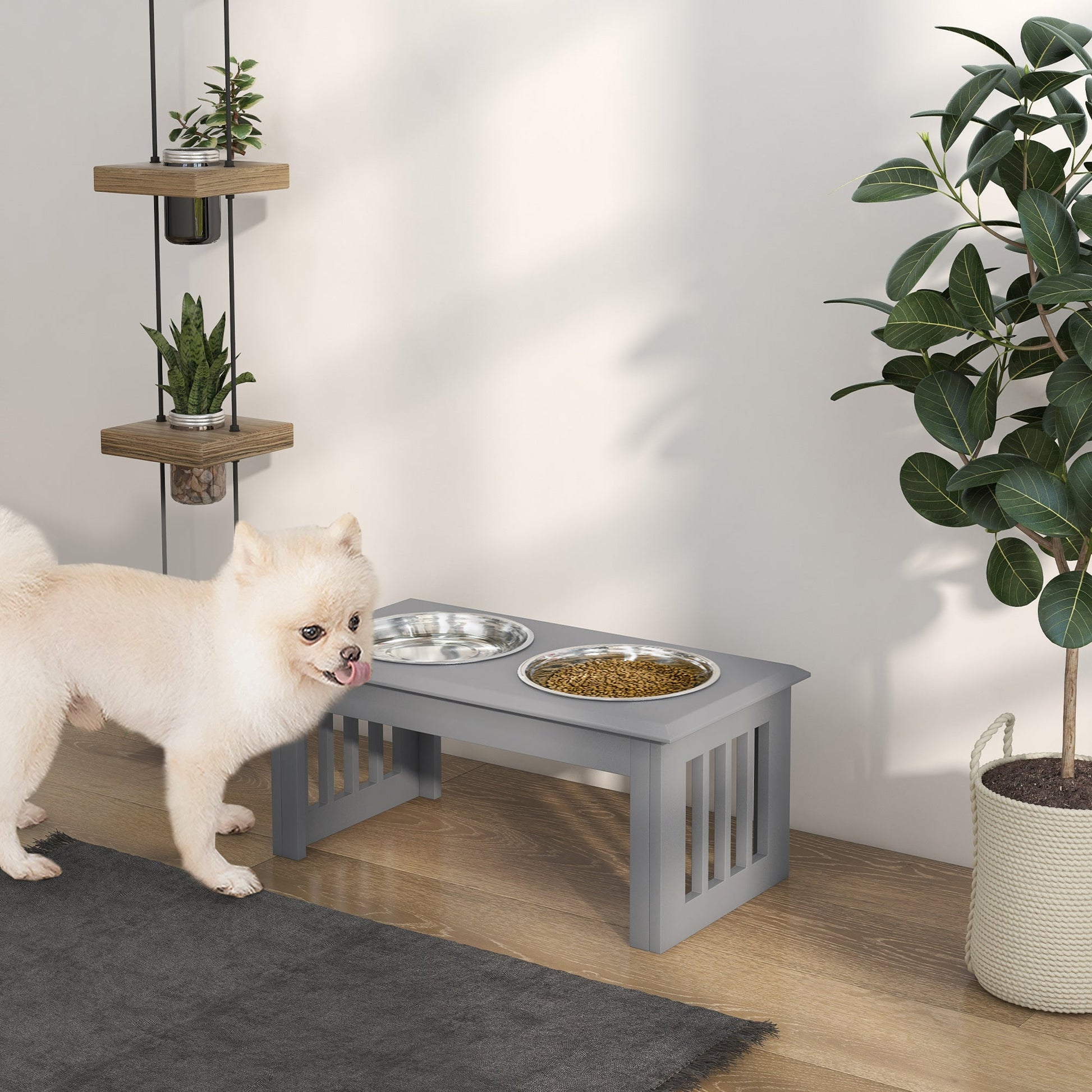 Raised Dog Feeding Bowls with Stand, Stainless Steel for Small and Medium Dog, 58L x 31W x 25H cm - Grey-1