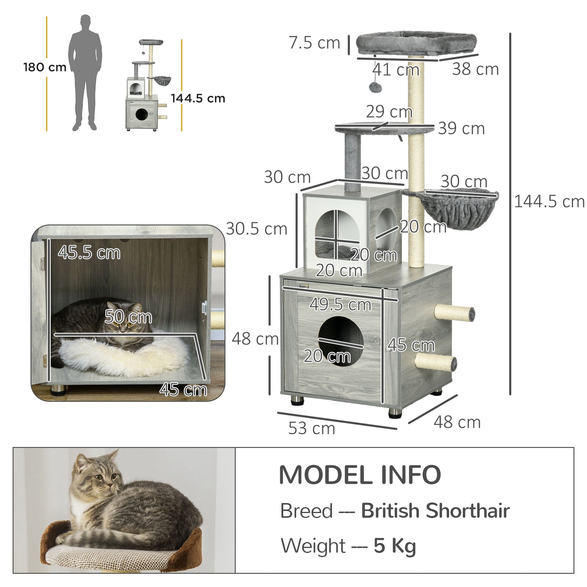 Enclosed Cat Litter Box with Cat House, Cat Bed, Scratching Posts, Platforms for Indoor Cats Use, Grey-2