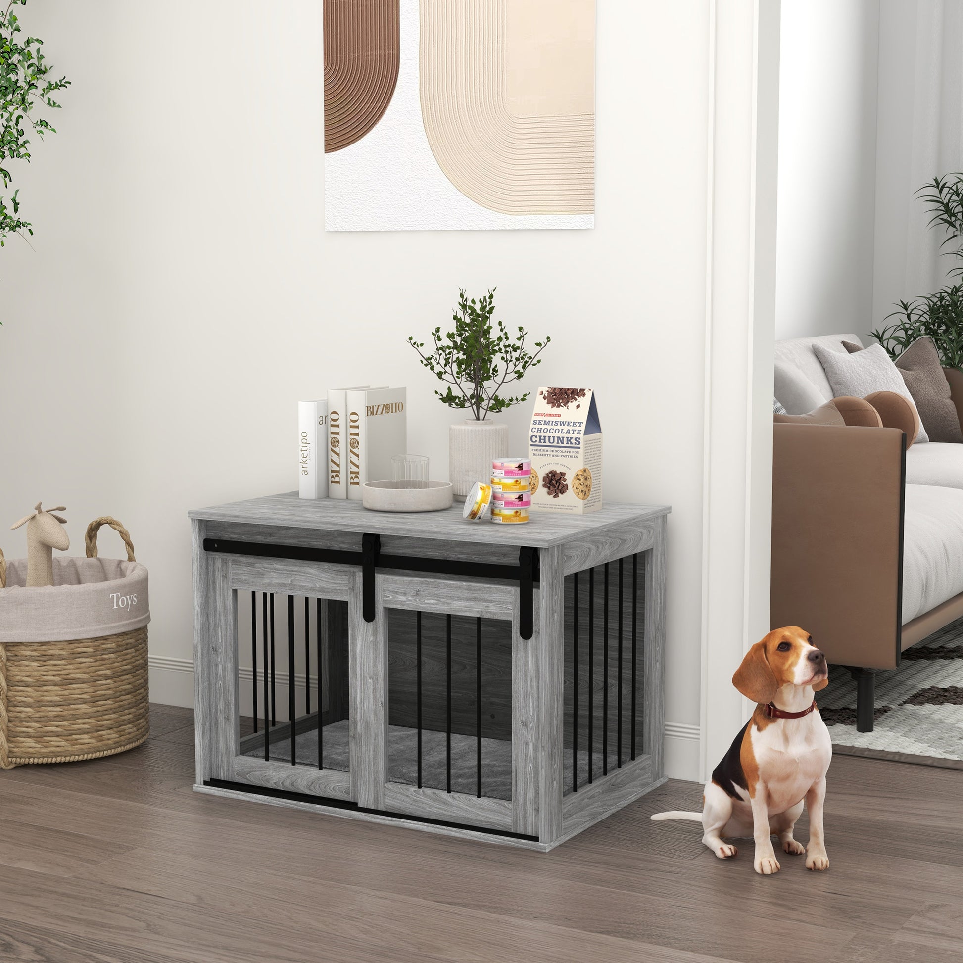 PawHut 80cm Dog Crate Furniture with Removable Cushion for Large Dogs in Grey-8