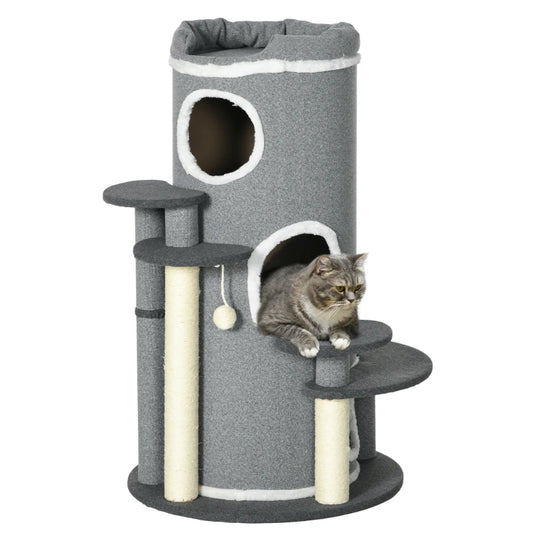 Barrel Shaped Cat Tree with Sisal Scratching Posts, Cat Bed, Platforms & Hanging Ball (Grey)-0