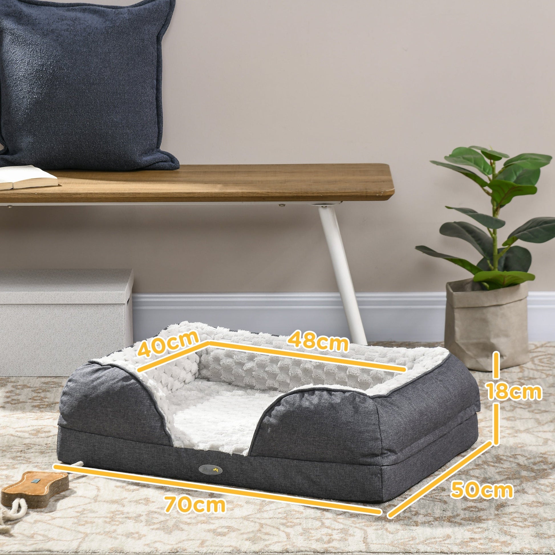 Calming Dog Bed Pet Mattress w/ Removable Cover, Anti-Slip Bottom, for Small Dogs, 70L x 50W x 18Hcm - Charcoal Grey-2