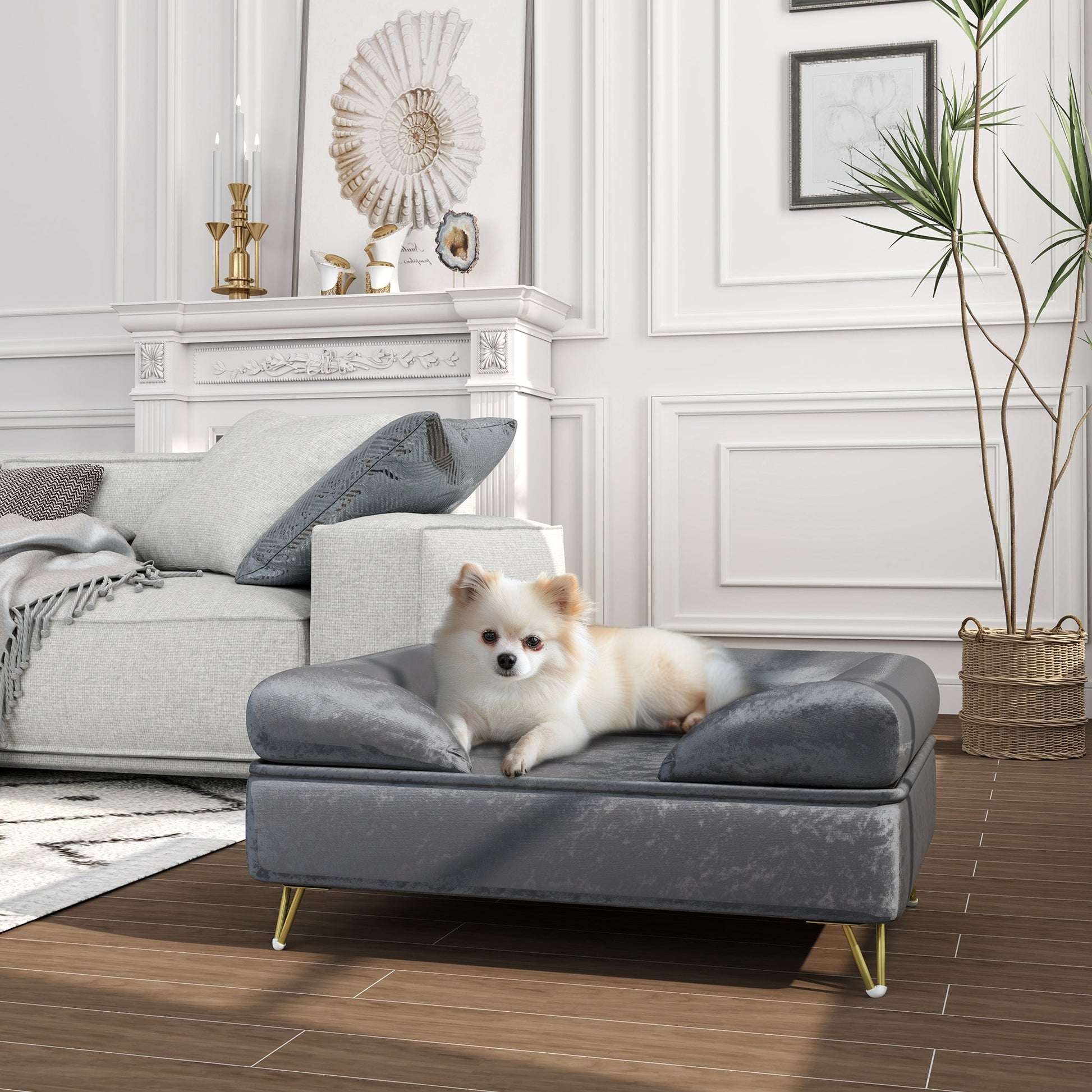 Cat Sofa Pet Couch w/ Removable Backrest, Soft Cushion, Washable Cover, for Small and Medium Sized Dogs, Grey-1