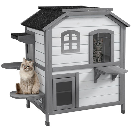 2-Story Indoor or Outdoor Cat House W/ Escape Door, Cat Shelter, White-0