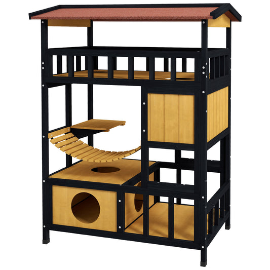 Outdoor Cat Shelter, Four-Tier Wooden Feral Cat House, with Suspension Bridge, Cat Houses, Balcony, Escape Doors-0