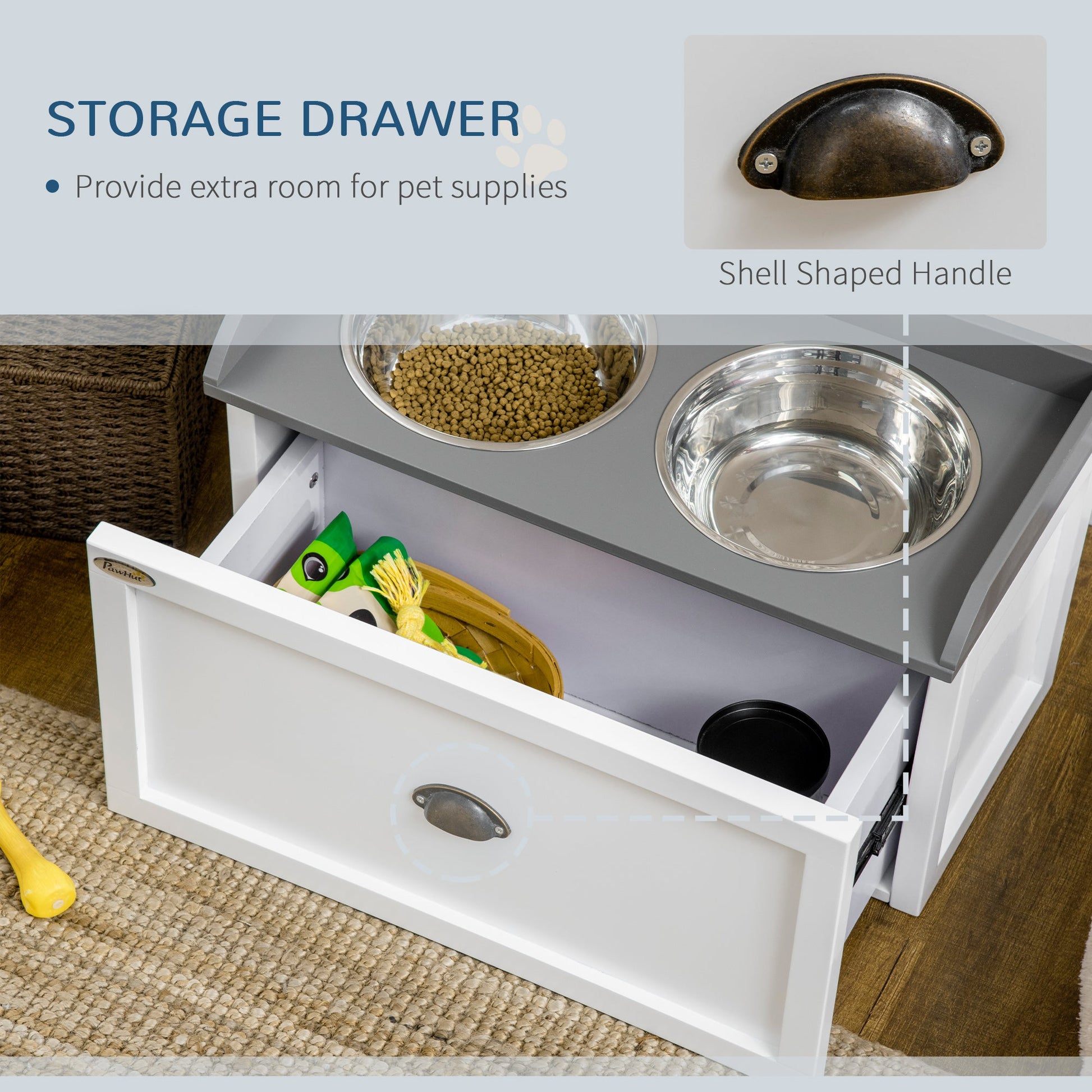 Stainless Steel Raised Dog Bowls with 21L Storage Drawer for Large Dogs and Cats - White-4