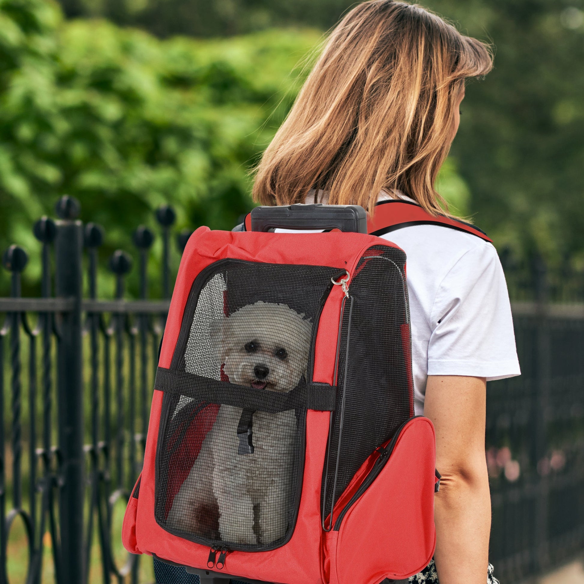 Dog Carrier Bag Travel Backpack Bag Cat Carrier Dog Bag w/ Trolley and Telescopic Handle, 42 x 25 x 55 cm, Red-1