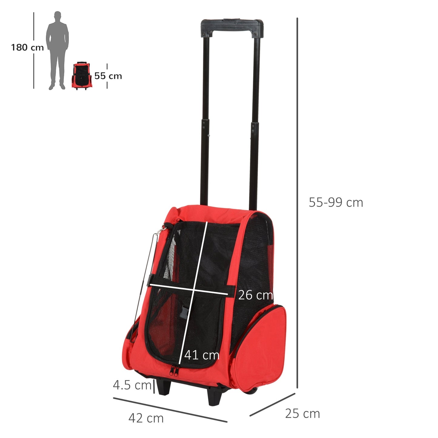 Dog Carrier Bag Travel Backpack Bag Cat Carrier Dog Bag w/ Trolley and Telescopic Handle, 42 x 25 x 55 cm, Red-2