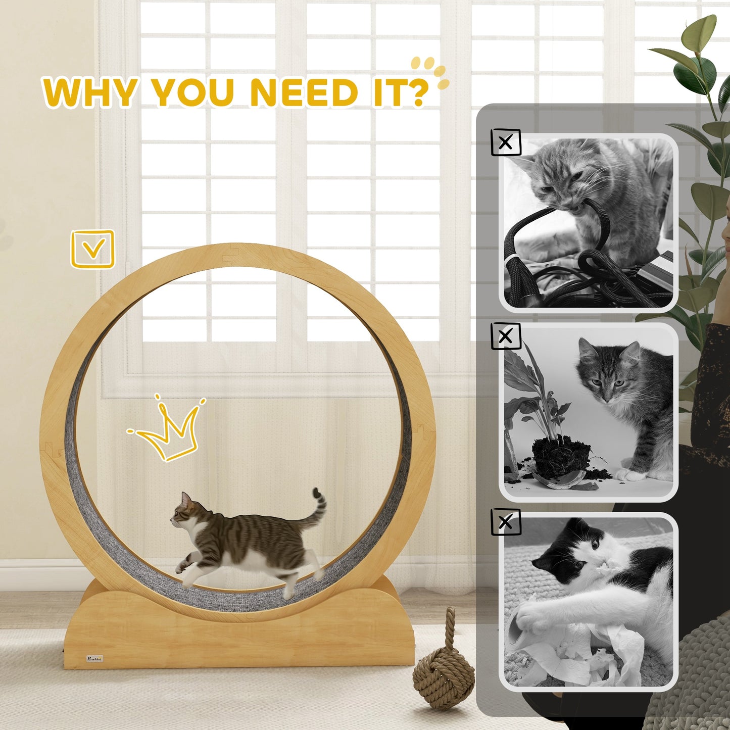 PawHut 39.4" Wooden Cat Running Wheel with Brake, Natural-5