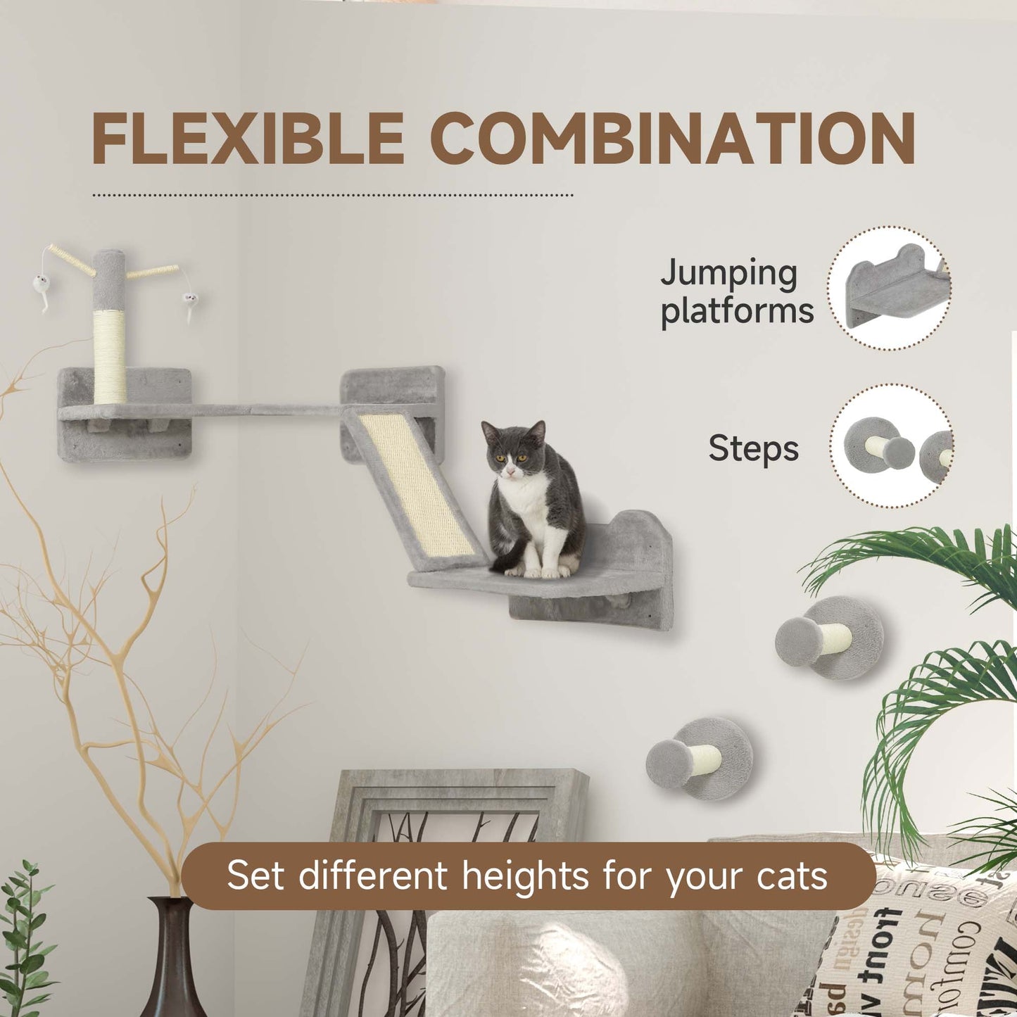 3-Piece Cat Wall Furniture with Scratching Posts, Scratching Pads, Perches, Cat Wands, Toy Balls, Light Grey-4
