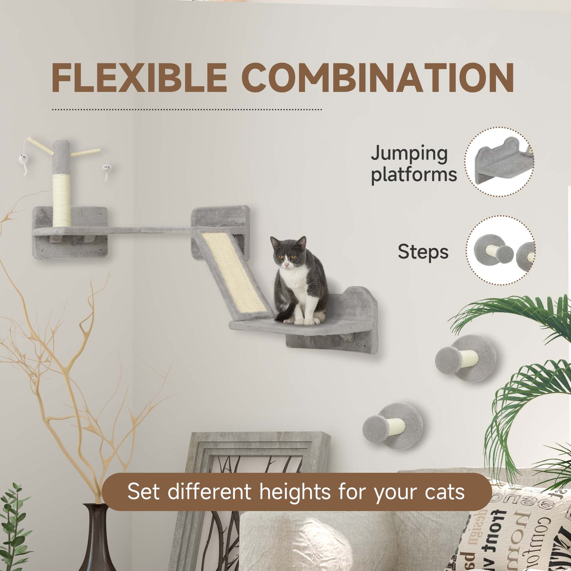 3-Piece Cat Wall Furniture with Scratching Posts, Scratching Pads, Perches, Cat Wands, Toy Balls, Light Grey-4