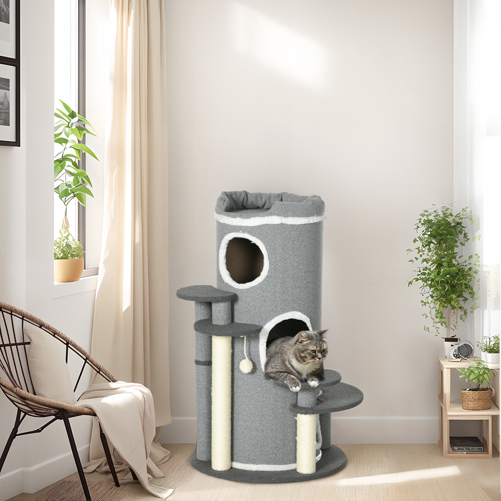 Barrel Shaped Cat Tree with Sisal Scratching Posts, Cat Bed, Platforms & Hanging Ball (Grey)-8