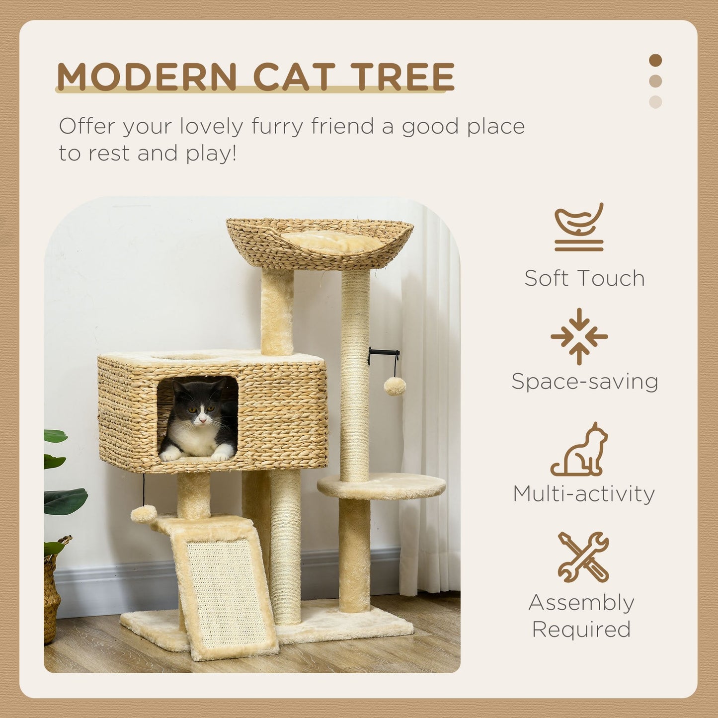 95cm Cat Tree Tower for Indoor Cats, with Scratching Post, Cat House, Toy Ball, Platform - Beige-3