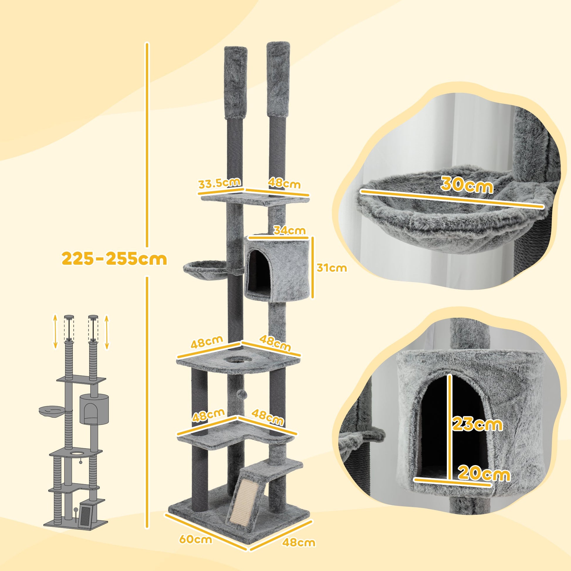 225-255cm Height Floor-to-Ceiling Cat Tree Large Cat Tower w/ Cat Scratching Posts, Ramp, Condo-2