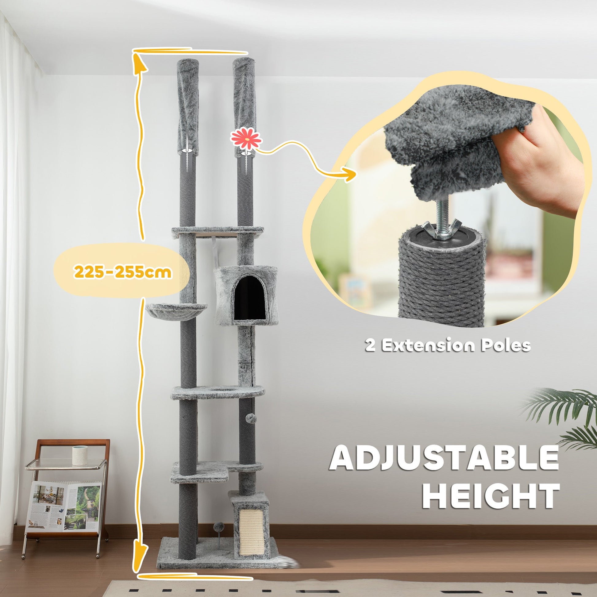 225-255cm Height Floor-to-Ceiling Cat Tree Large Cat Tower w/ Cat Scratching Posts, Ramp, Condo-3