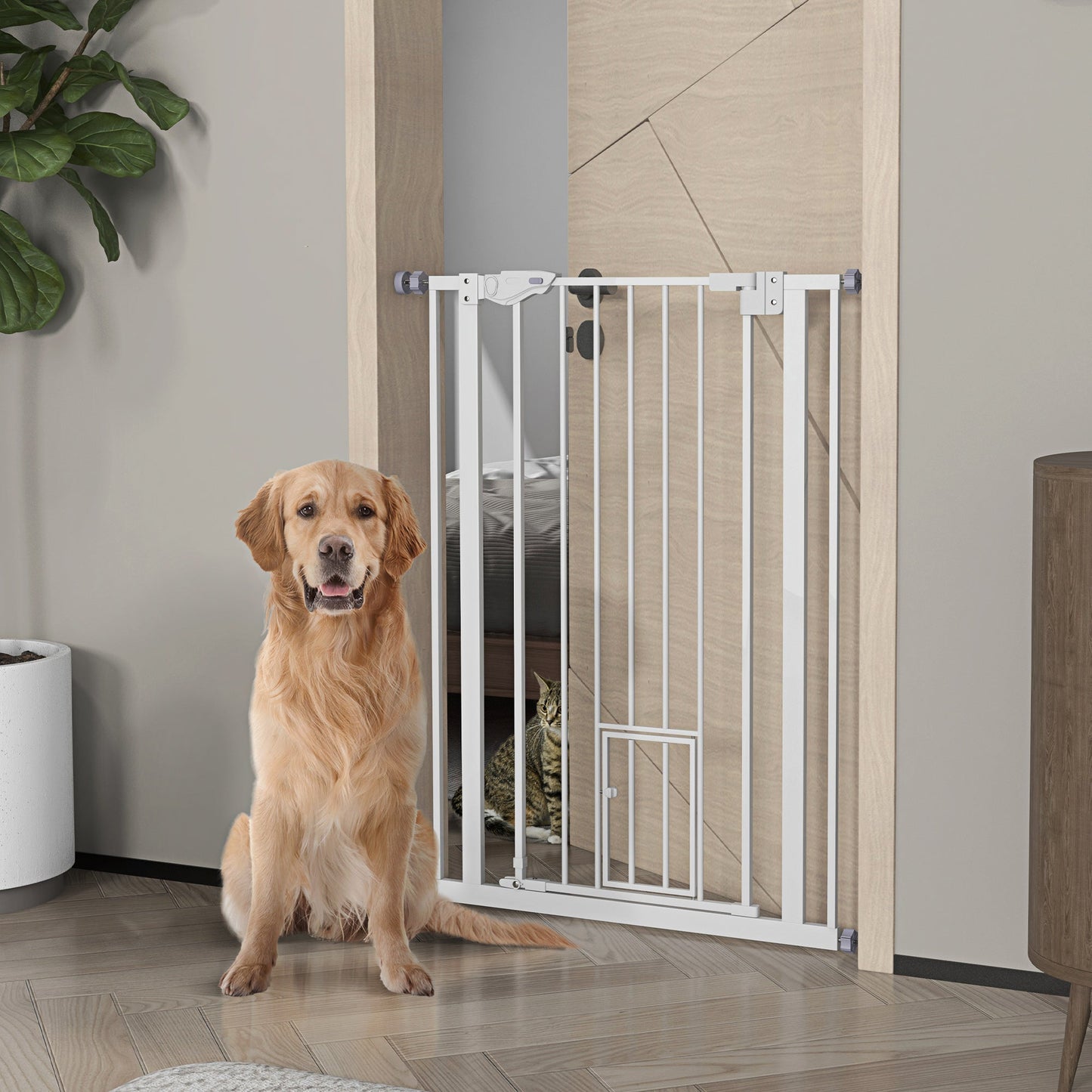 Extra Tall Pet Gate, Indoor Dog Safety Gate, with Cat Flap, Auto Close, 74-80cm Wide - White-1