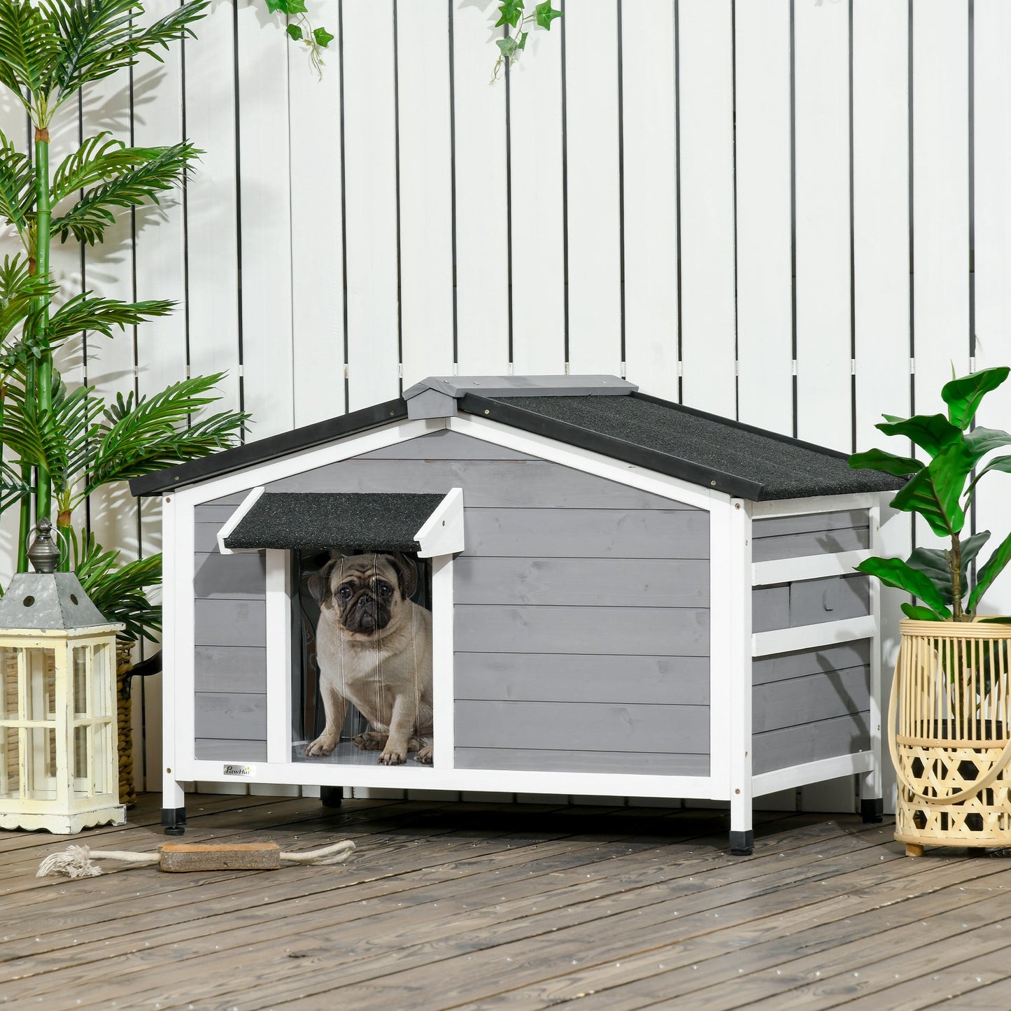 Wooden Dog Kennel for Outside, for Medium Dogs, 65H x 97L x 72Wcm, Grey-1