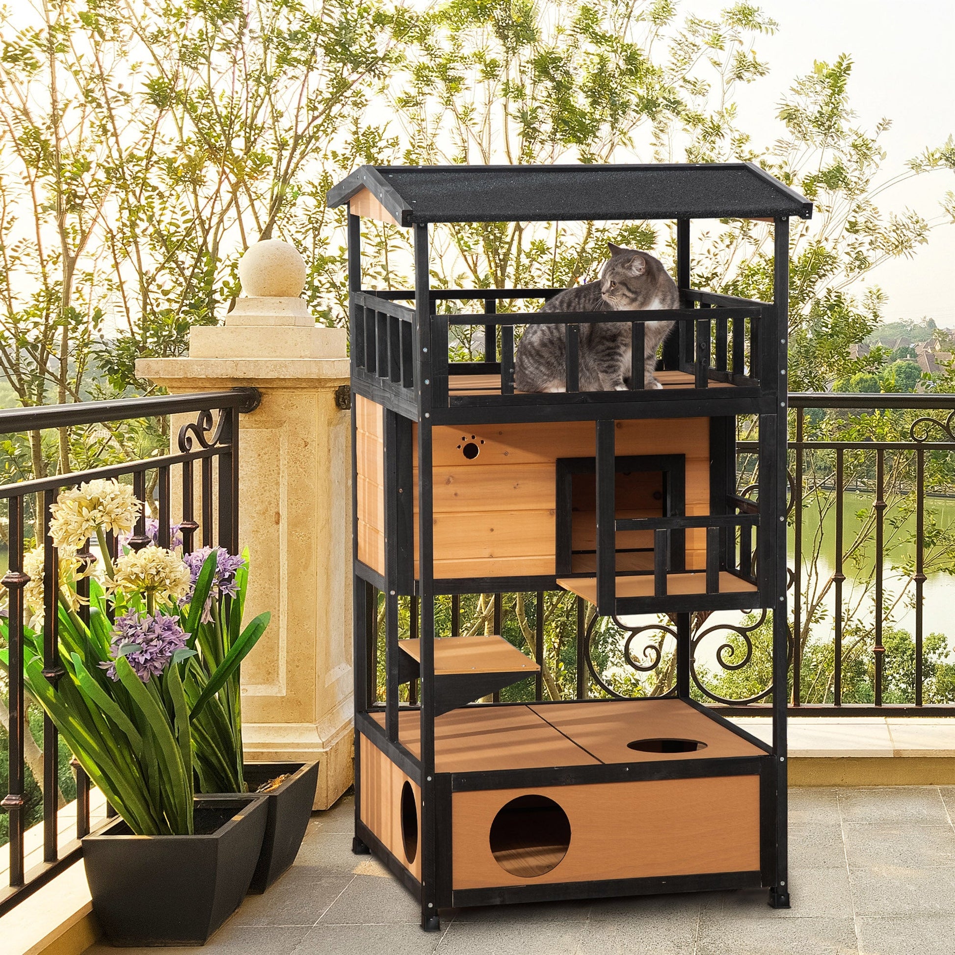 Wooden Cat House 3-Tier for Winter Kitten Shelter Lodge w/ Tilted Roof Terrace Jump Step Bottom Tray Elevated Base, Yellow-1