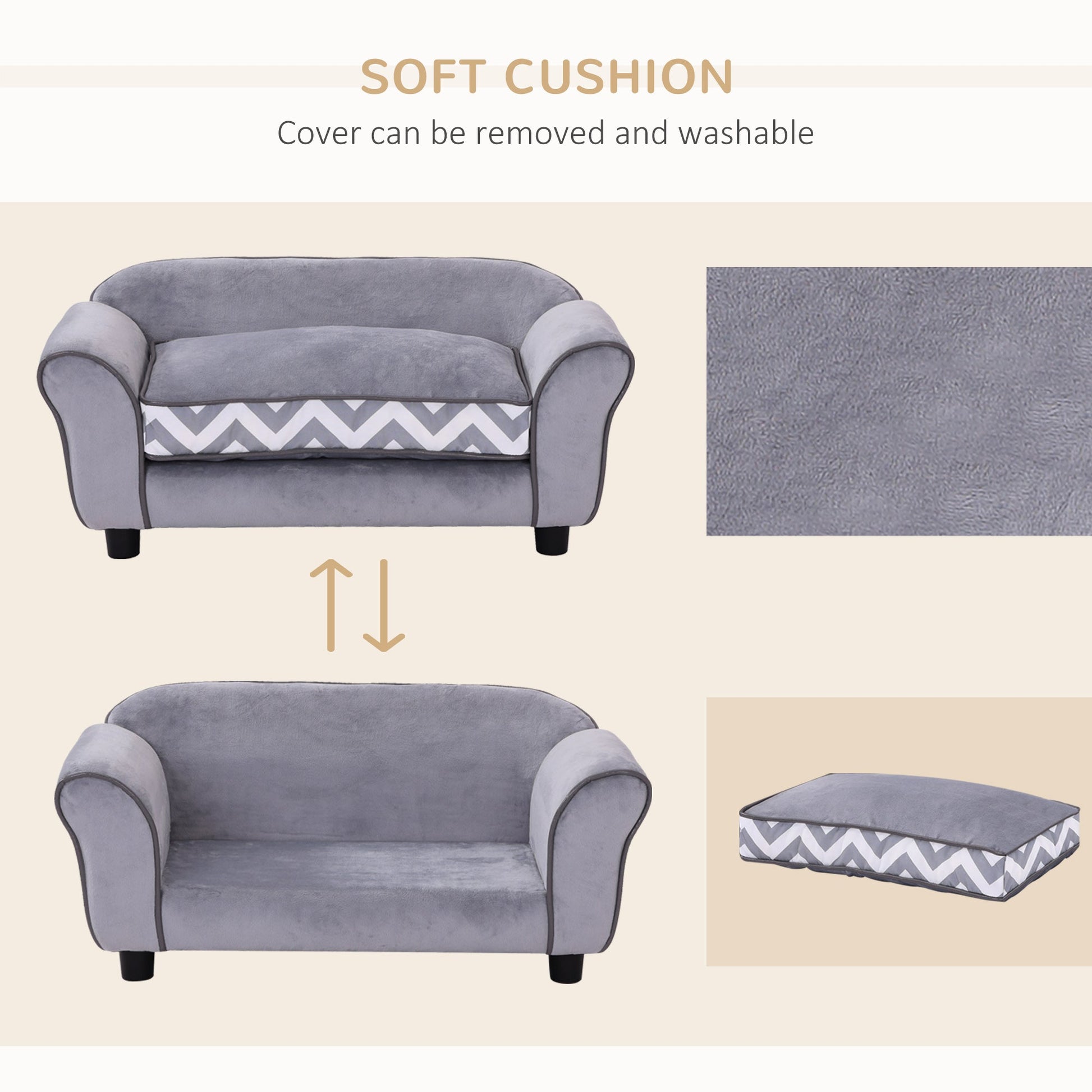 Dog Sofa Bed for XS-Sized Dogs, Cat Sofa with Soft Cushion, Pet Chair Lounge with Washable Cover, Removable Legs, Wooden Frame - Grey-4