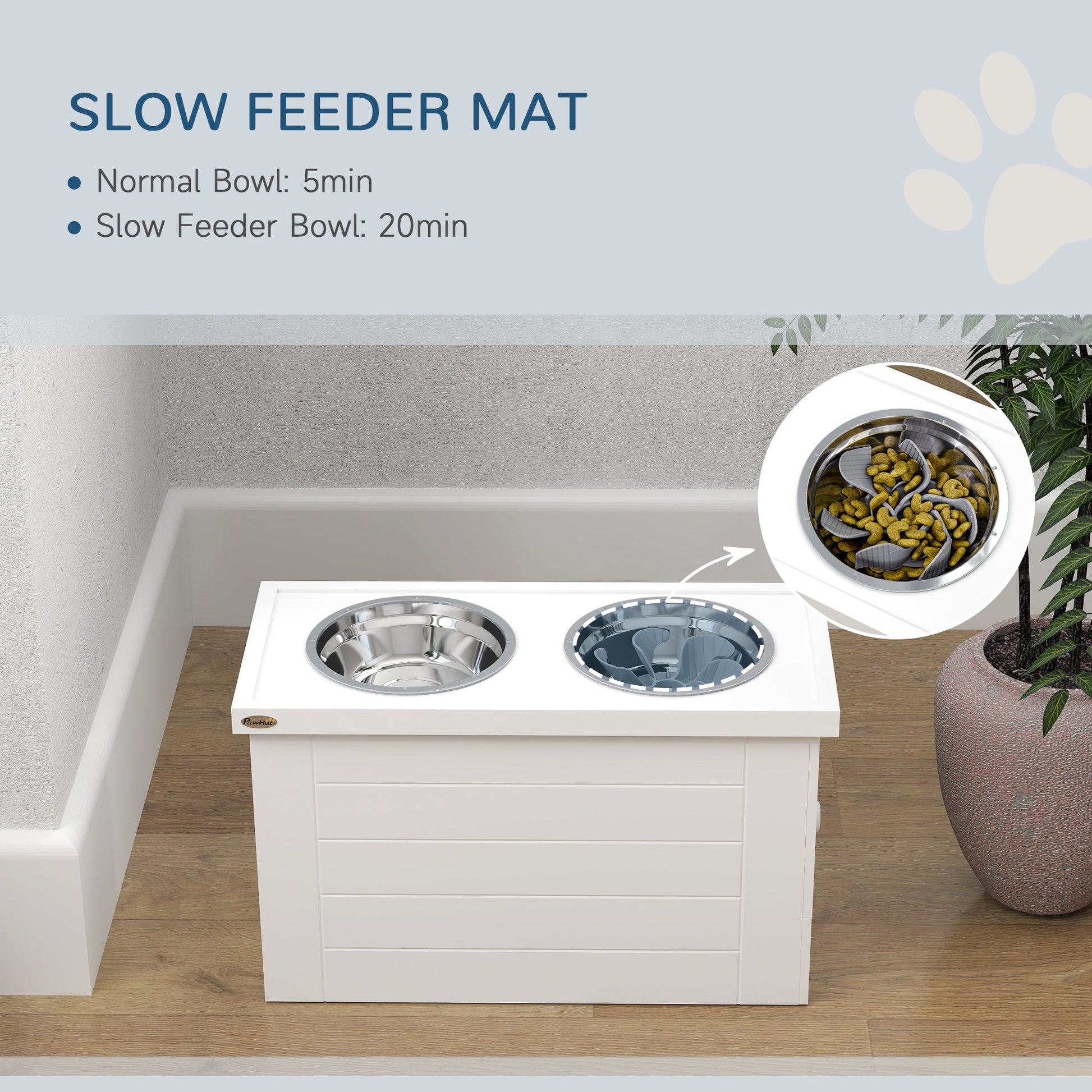 Raised Dog Bowls w/ Slow Feeder Mat, Storage Cabinet, 3 Stainless Steel Bowls, Semi-Auto Dispenser Function, White-4