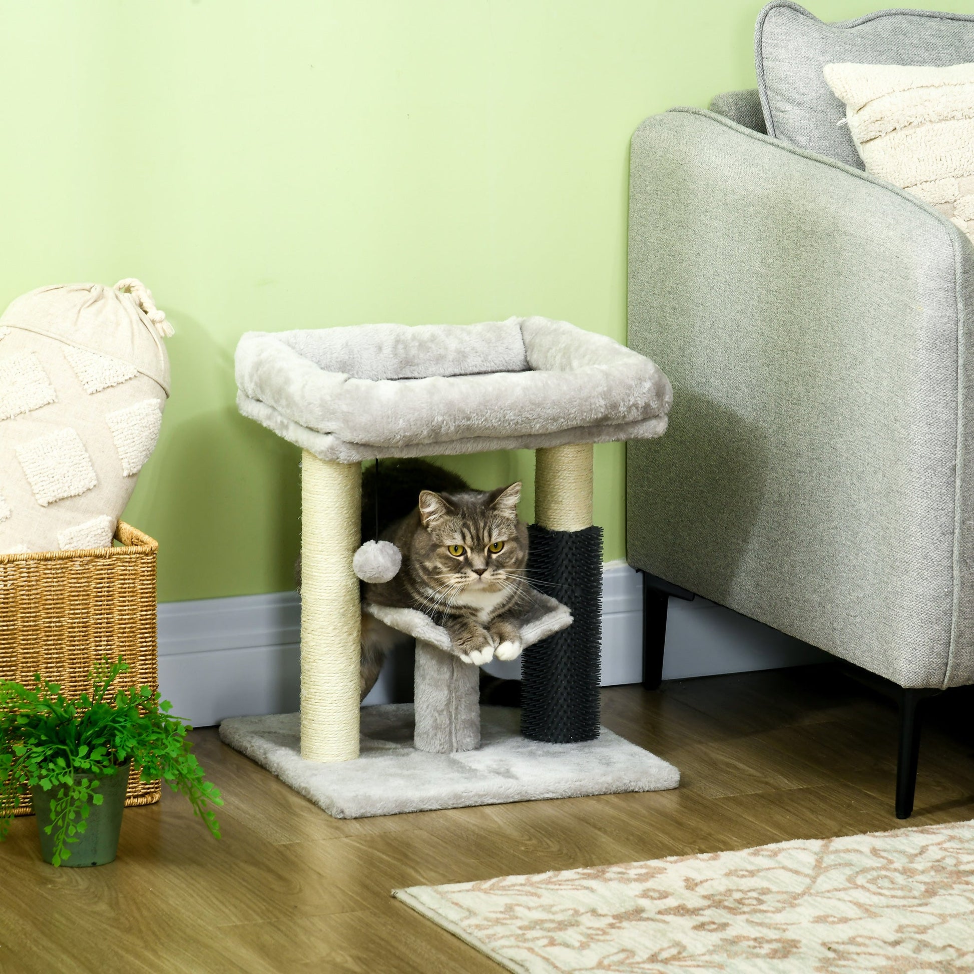 48cm Cat Tree, Cat Tower with Cat Self Groomer Cat Scratching Post with Hanging Ball, Self Groomer and Perches, Grey-1