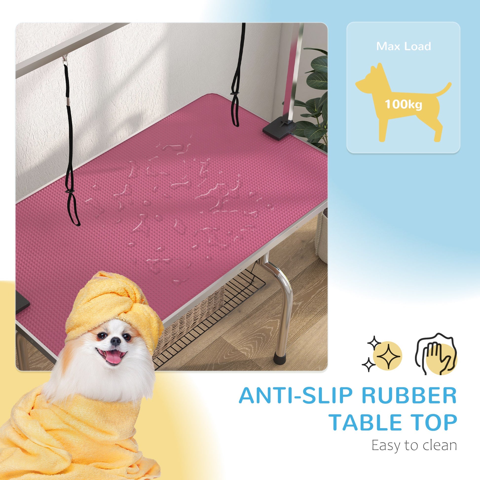 42" Dog Grooming Table, Adjustable Pet Cat Drying Beauty Table with 2 Loops Storage Basket, Rubber Top, Pink-4