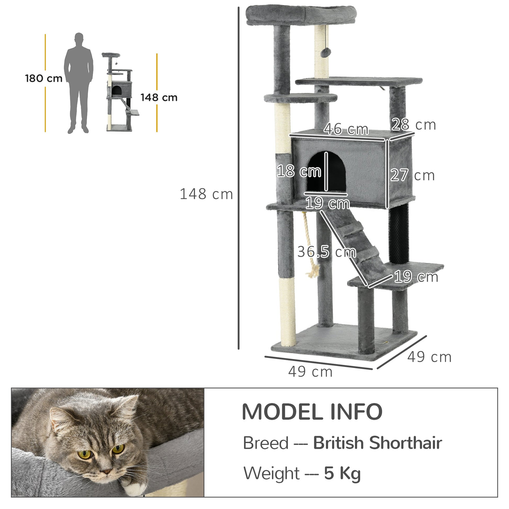 Cat Tree Tower for Indoor Cats, with Scratching Post, Cat House, Toy, Grey-2