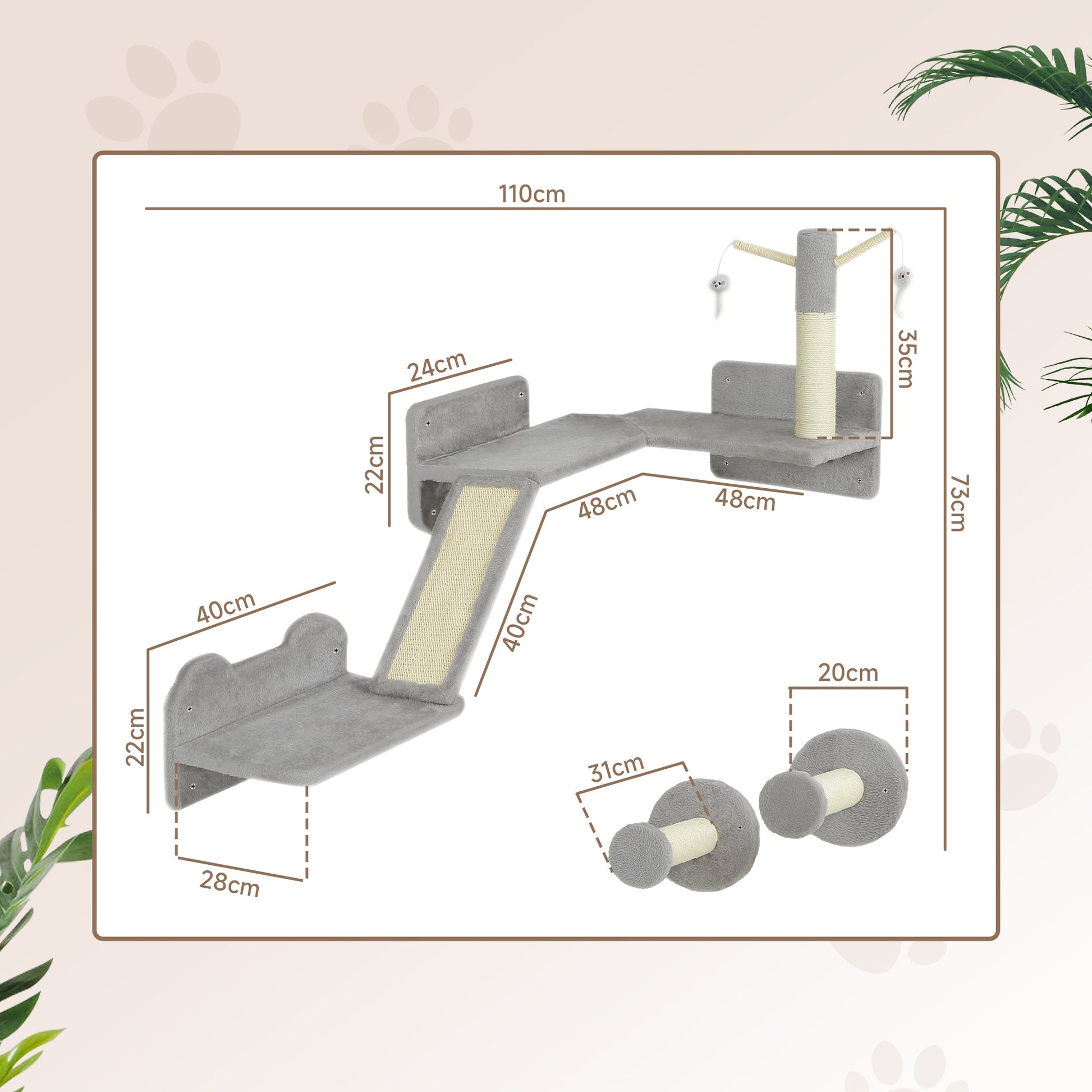 3-Piece Cat Wall Furniture with Scratching Posts, Scratching Pads, Perches, Cat Wands, Toy Balls, Light Grey-2