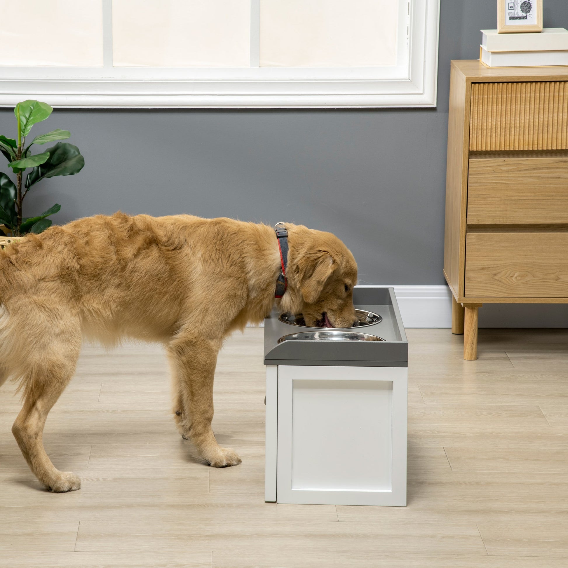 Stainless Steel Raised Dog Bowls with 21L Storage Drawer for Large Dogs and Cats - White-1