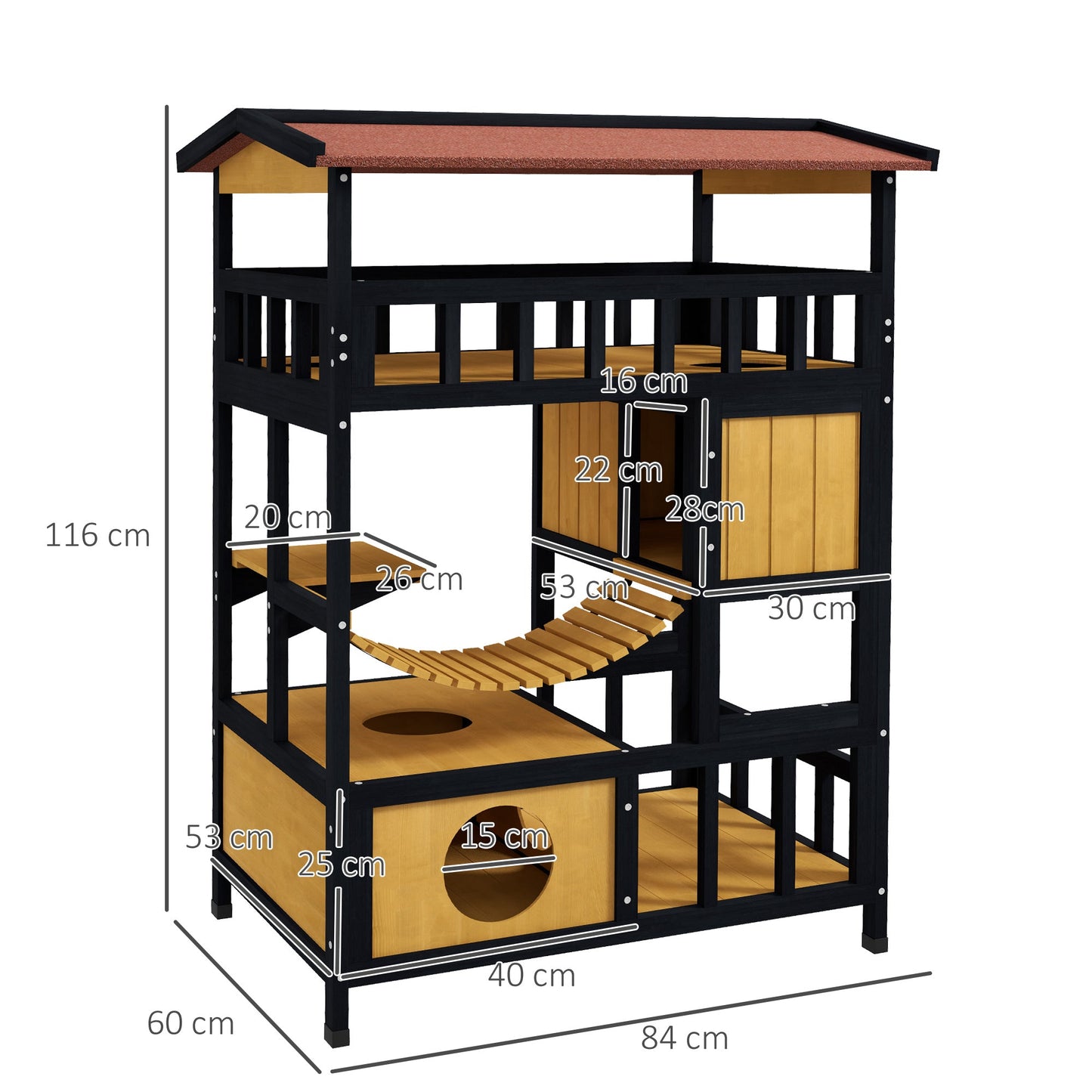 Outdoor Cat Shelter, Four-Tier Wooden Feral Cat House, with Suspension Bridge, Cat Houses, Balcony, Escape Doors-2