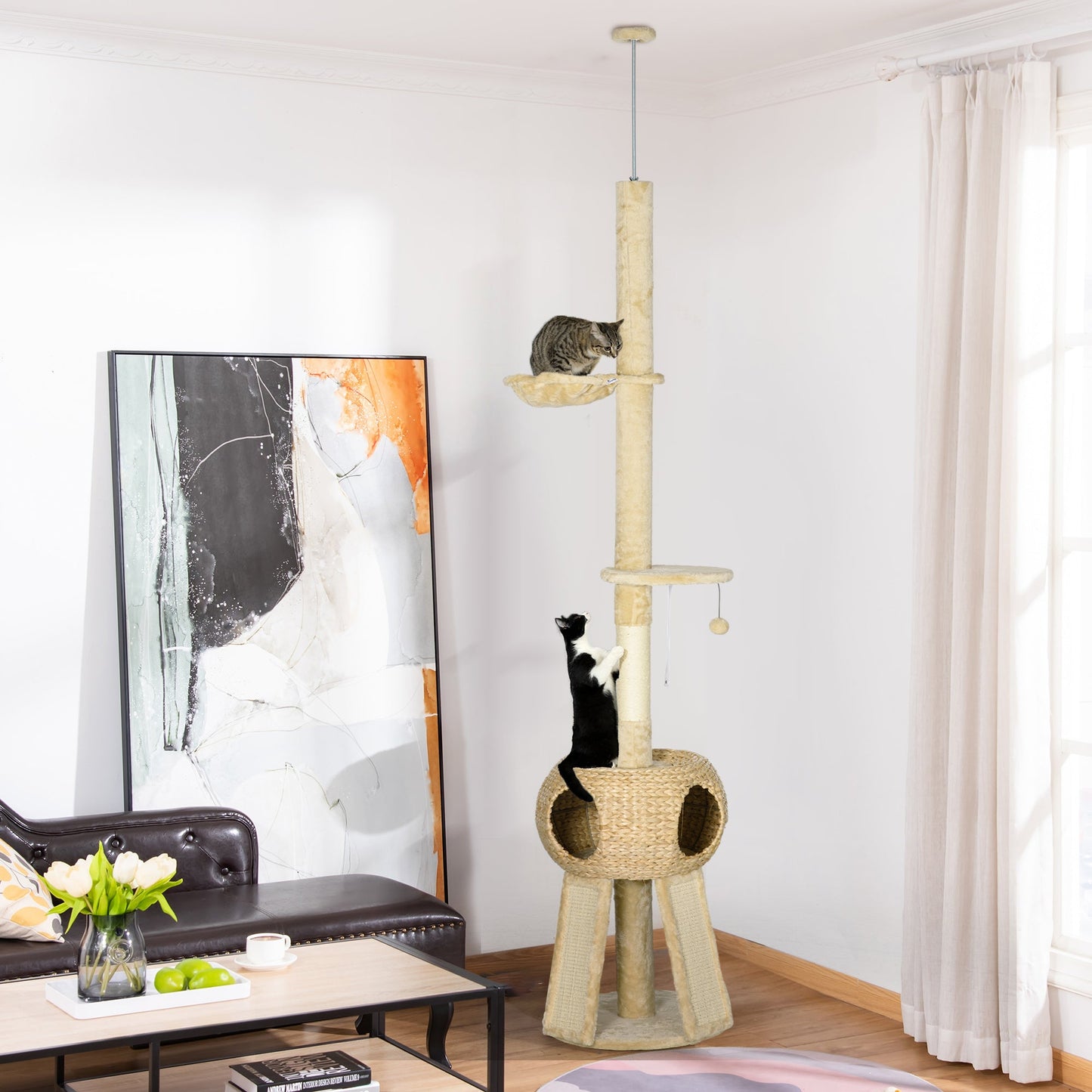 255cm Cat Tree Tower for Indoor Cats, with Scratching Post, Cat House, Platform - Beige-1
