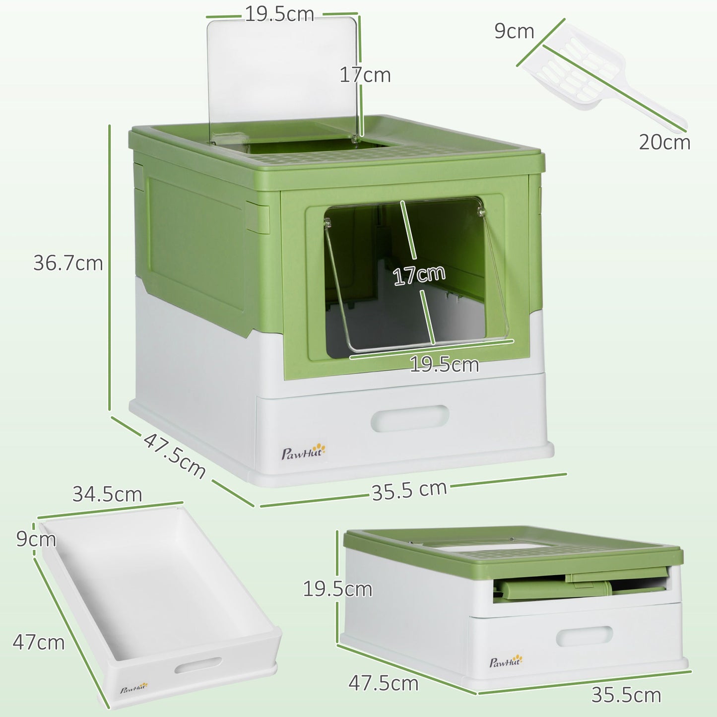 Hooded Cat Litter Box, Portable Pet Toilet, with Scoop, Front Entry - Light Green-2
