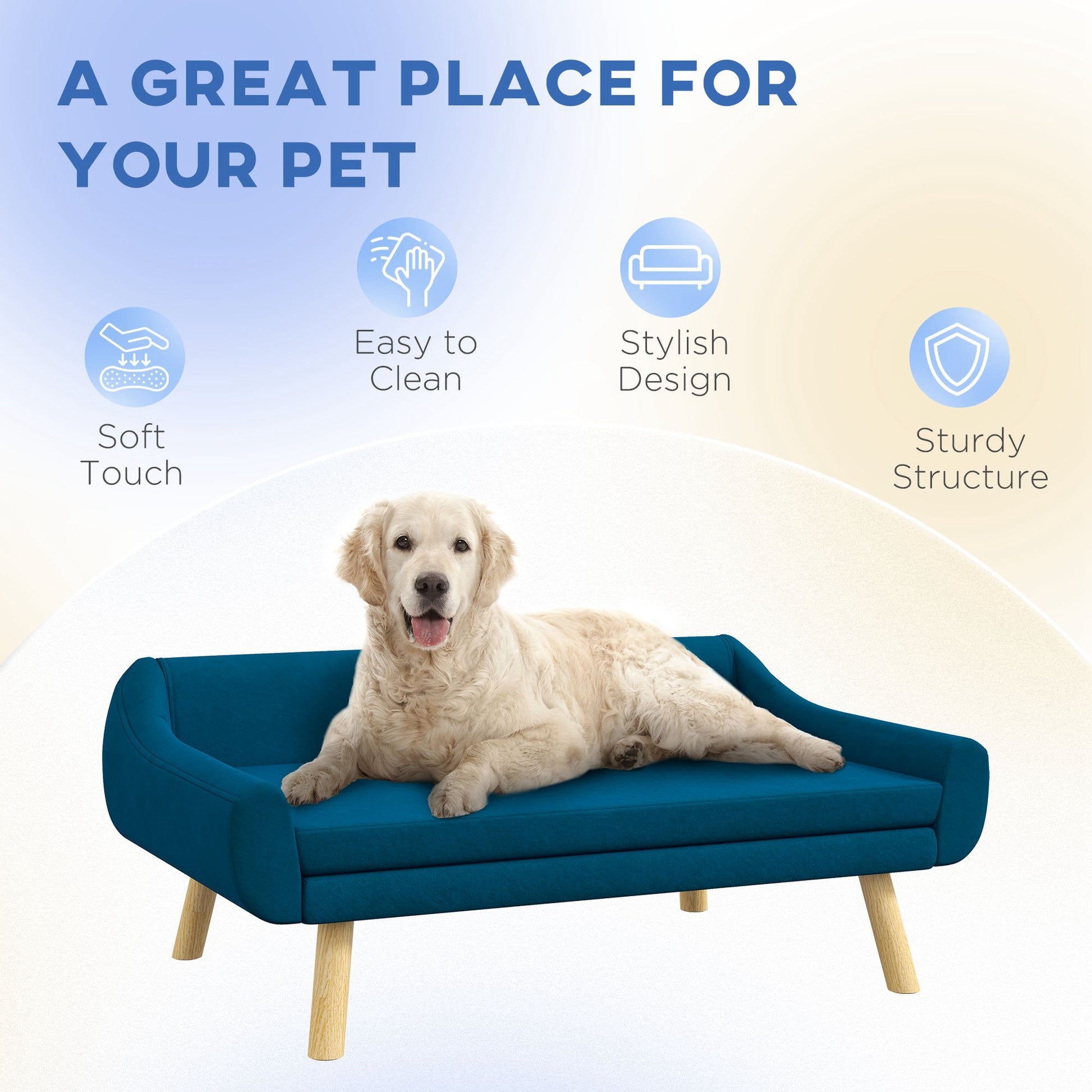 Dog Couch with Soft Cushion, Pet Sofa Bed with Wooden Frame, Removable Cover, for Medium and Large Dogs, Blue-4
