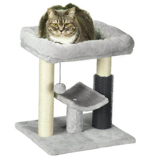 48cm Cat Tree, Cat Tower with Cat Self Groomer Cat Scratching Post with Hanging Ball, Self Groomer and Perches, Grey-0