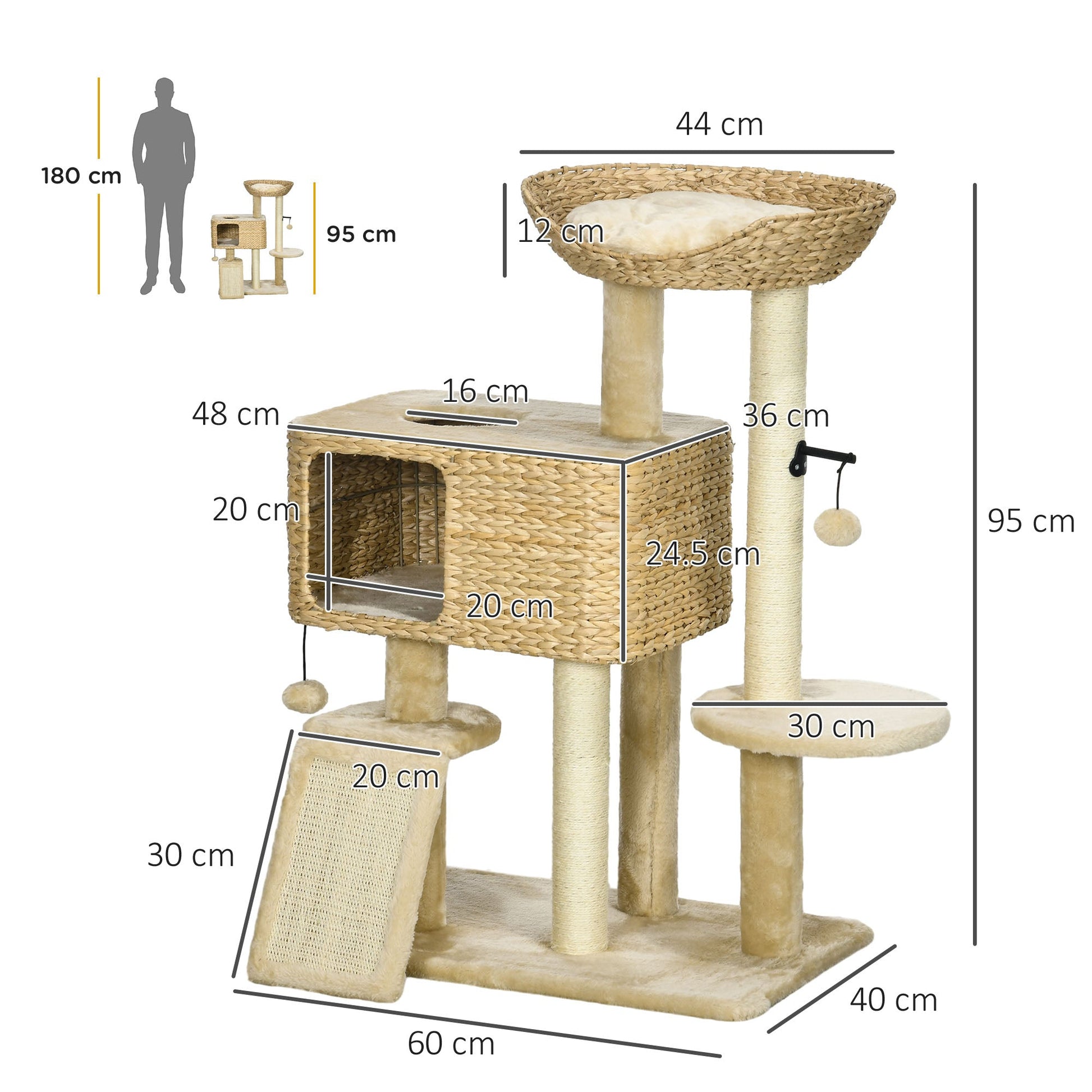 95cm Cat Tree Tower for Indoor Cats, with Scratching Post, Cat House, Toy Ball, Platform - Beige-2