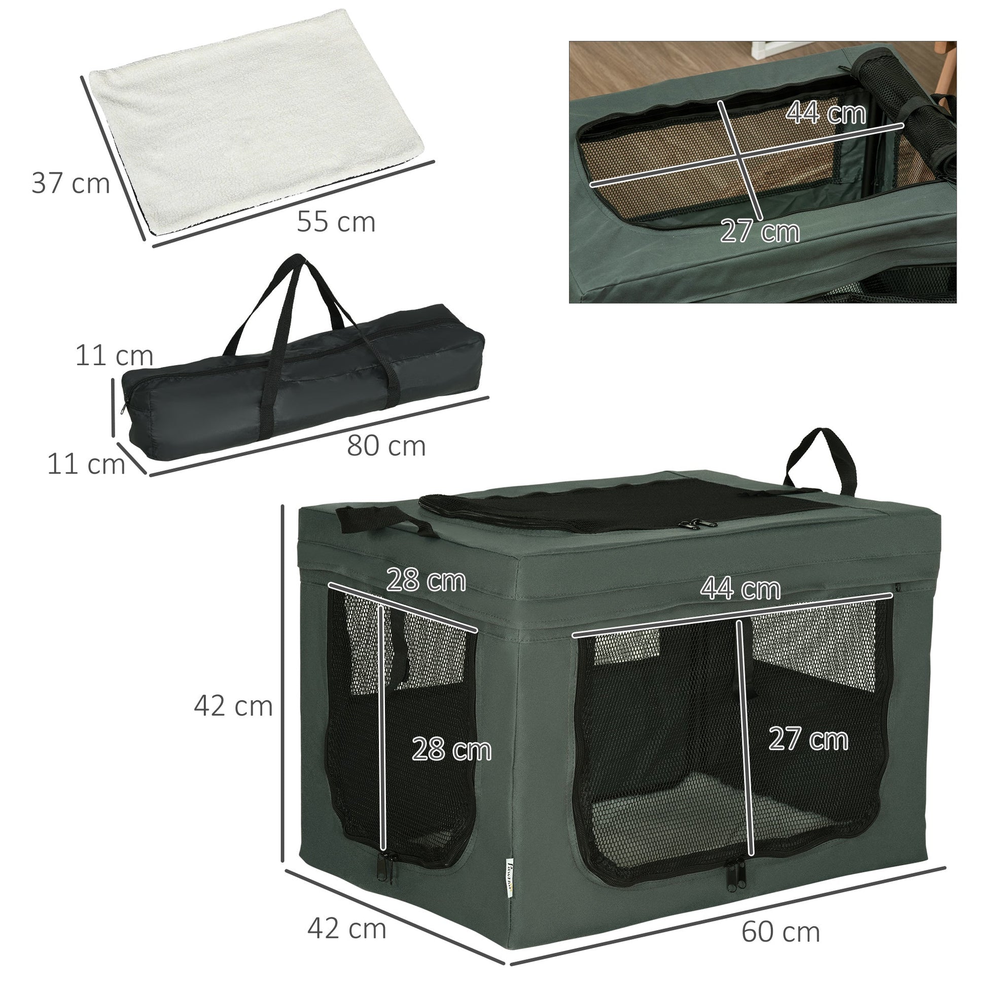 Pet Carrier, Portable Cat Carrier, Foldable Dog Bag for Miniature Dogs, 60 x 42 x 42 cm, Grey-2