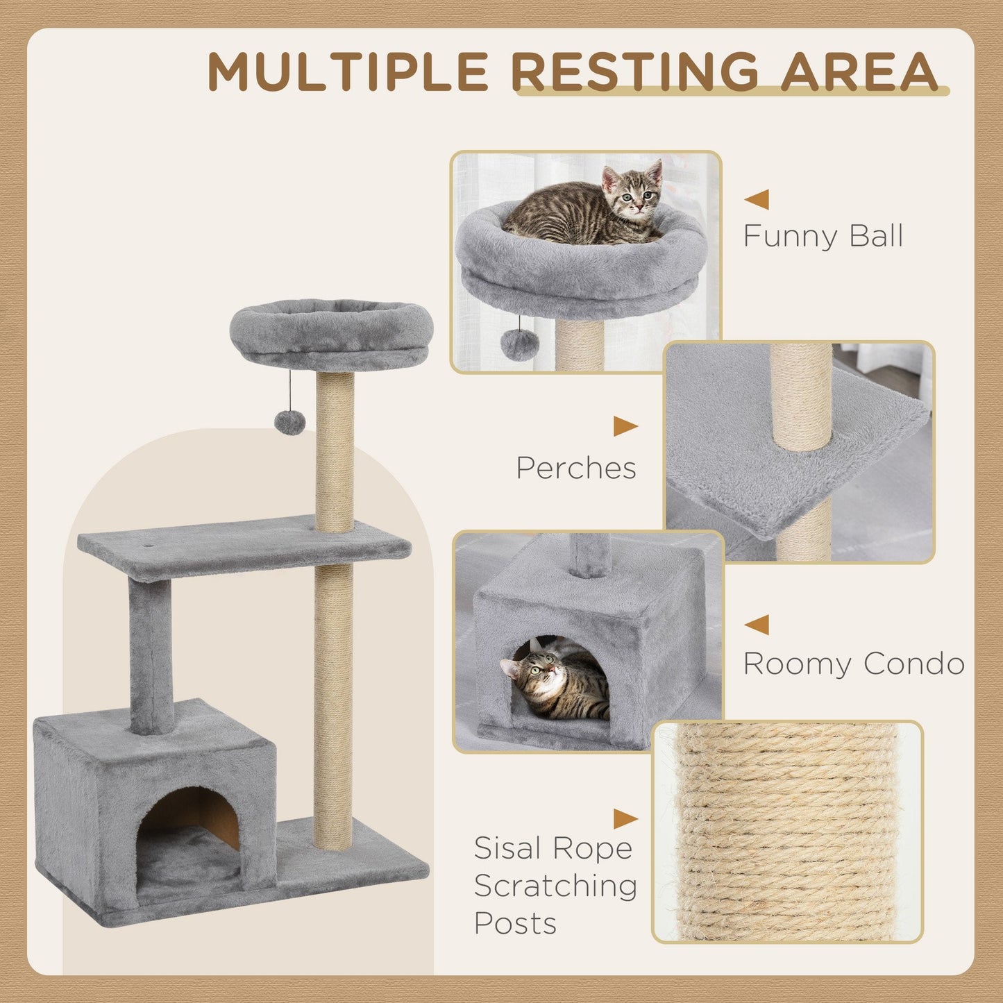 Cats Sisal Rope 3-Tier Scratching Tree Grey-4