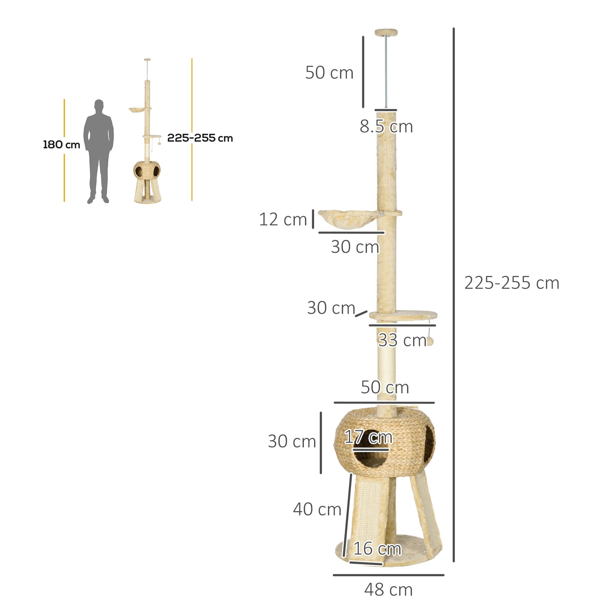 255cm Cat Tree Tower for Indoor Cats, with Scratching Post, Cat House, Platform - Beige-2