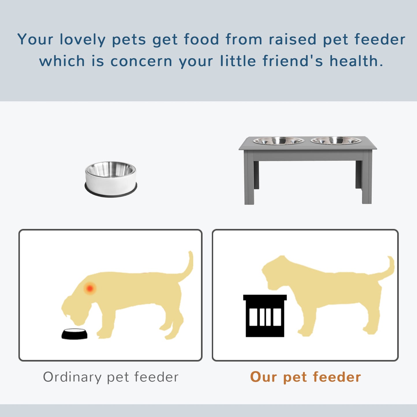 Raised Dog Feeding Bowls with Stand, Stainless Steel for Small and Medium Dog, 58L x 31W x 25H cm - Grey-3