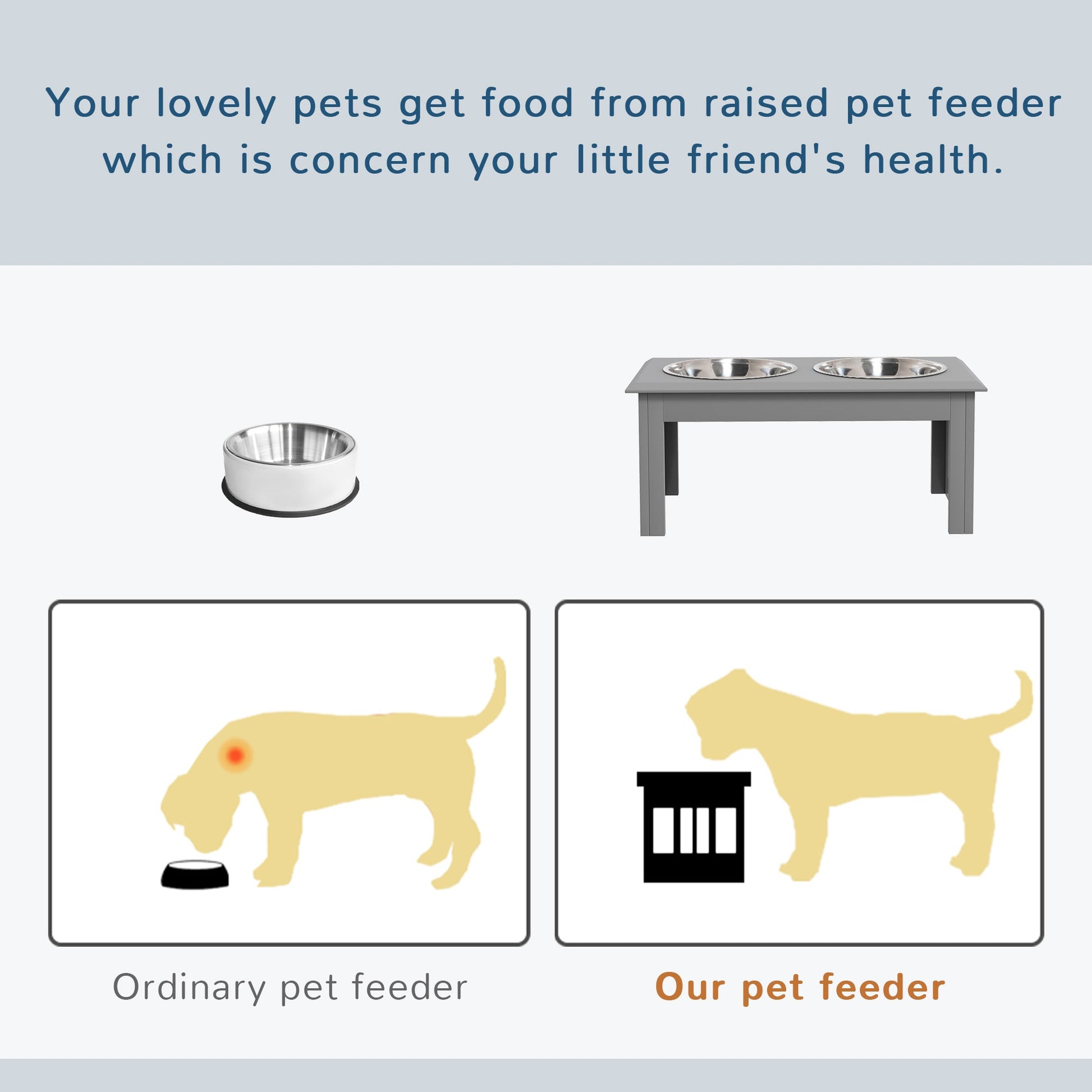 Raised Dog Feeding Bowls with Stand, Stainless Steel for Small and Medium Dog, 58L x 31W x 25H cm - Grey-3