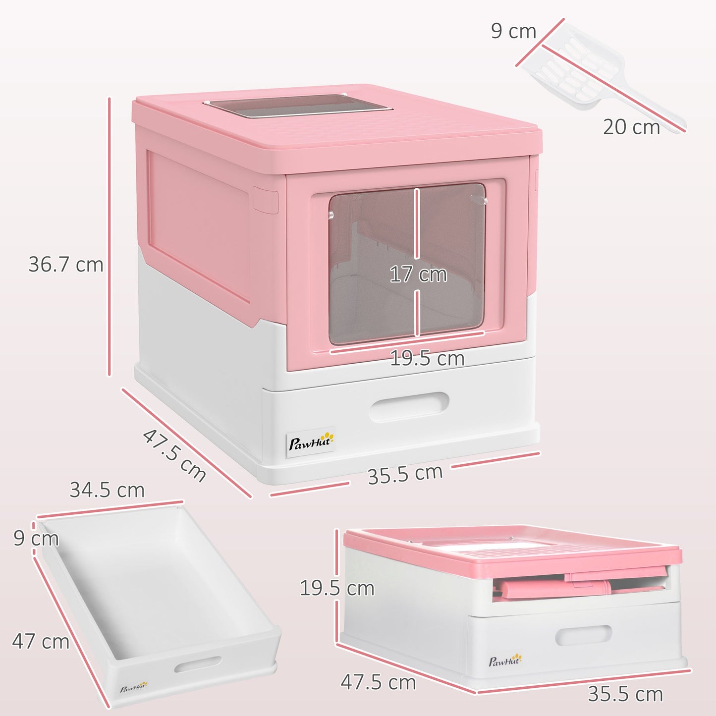 Hooded Cat Litter Box, Portable Pet Toilet, with Scoop, Front Entry - Pink-2