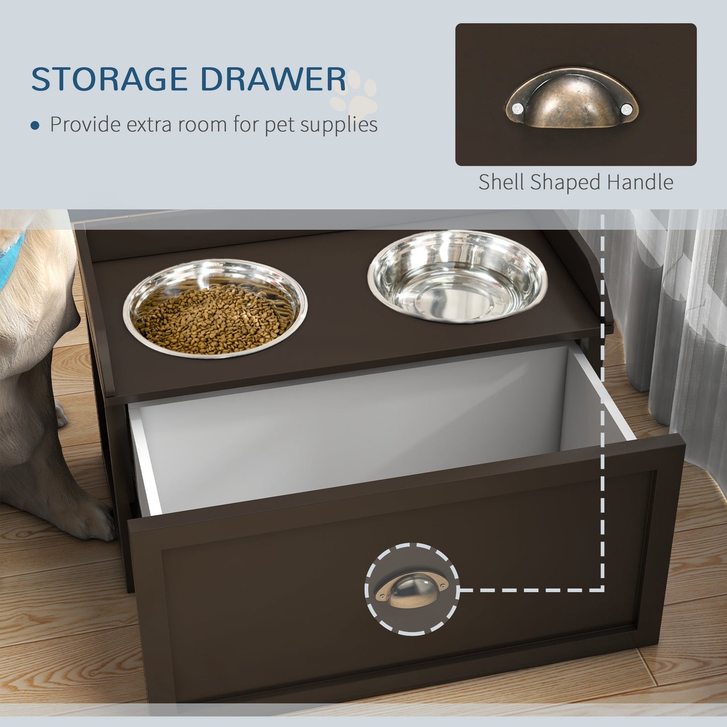 Stainless Steel Raised Dog Bowls, with 21L Storage Drawer for Large Dogs - Brown-4