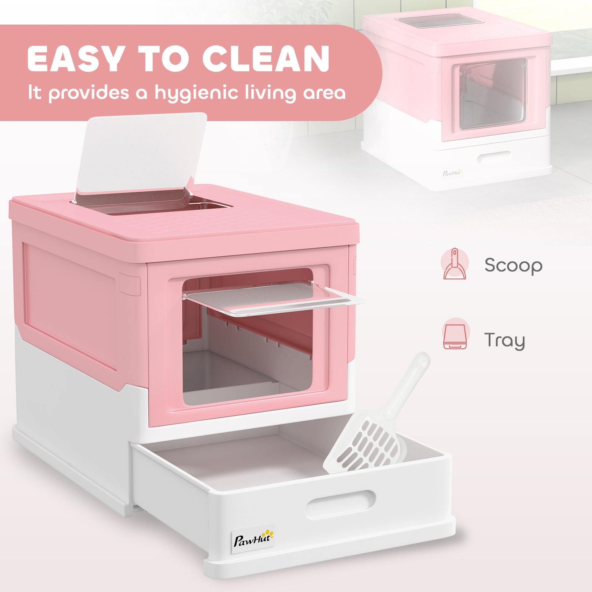Hooded Cat Litter Box, Portable Pet Toilet, with Scoop, Front Entry - Pink-3