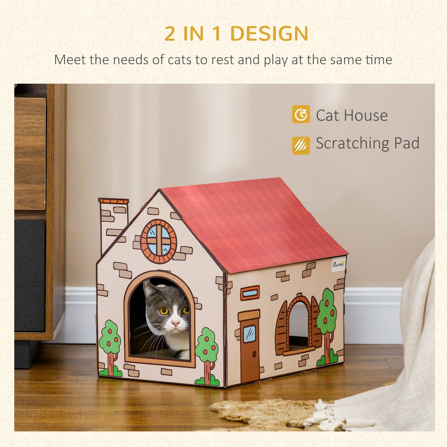 Two-In-One Cat House, Cat Scratching Board with Scratcher, Catnip, Cat Cardboard Scratcher for Indoor Cats-3