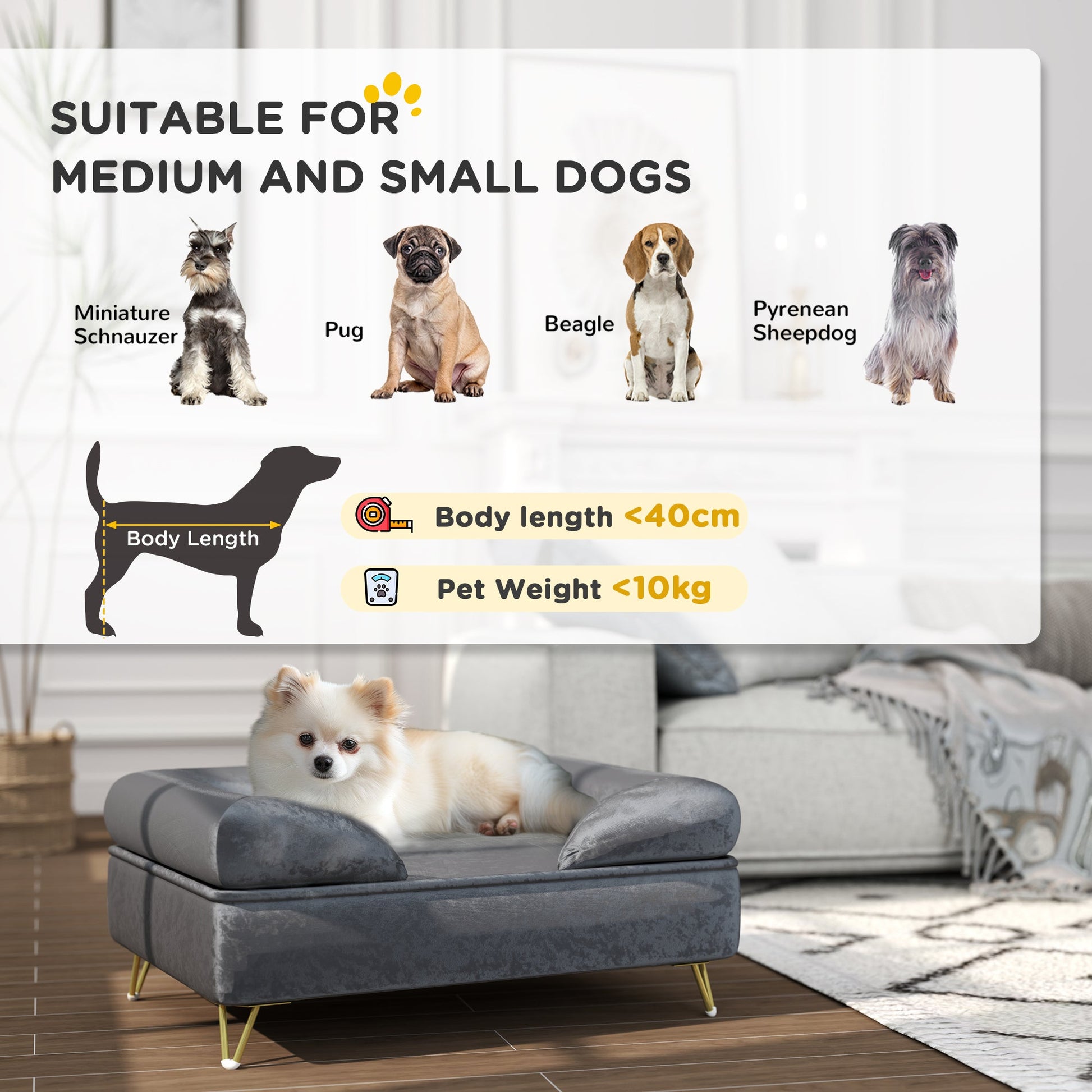 Cat Sofa Pet Couch w/ Removable Backrest, Soft Cushion, Washable Cover, for Small and Medium Sized Dogs, Grey-3