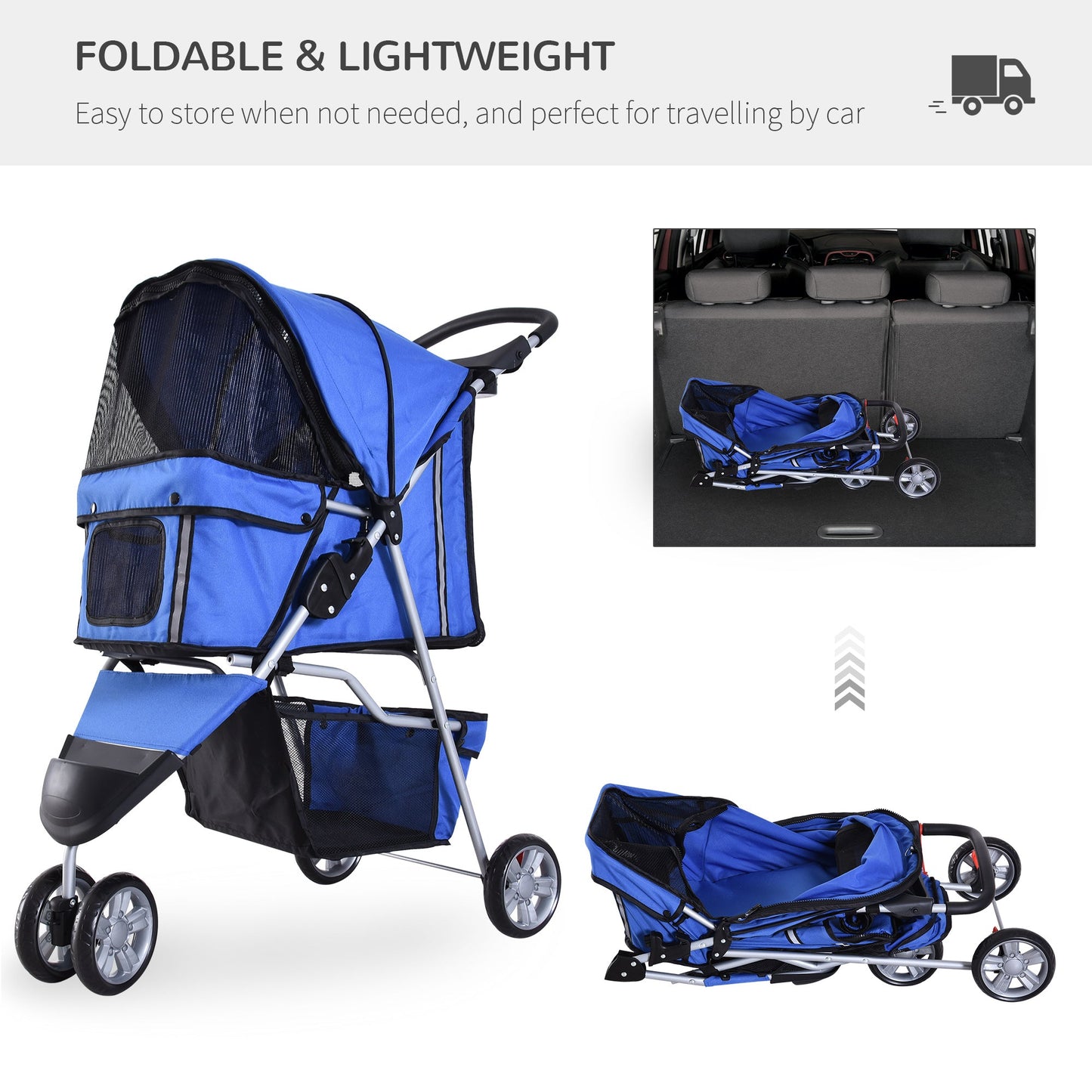 Dog Stroller with Cover for Small Miniature Dogs, Folding Cat Pram Dog Pushchair with Cup Holder, Storage Basket, Reflective Strips, Blue-4